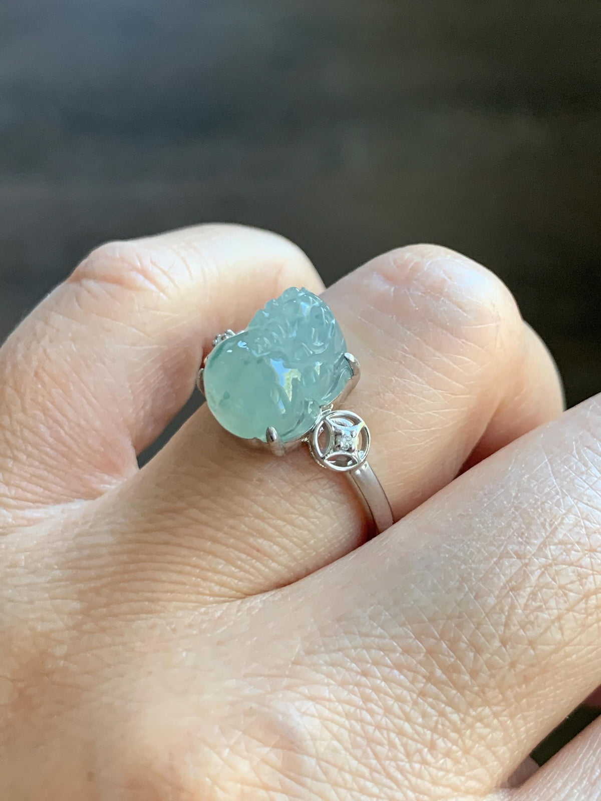 Certified Natural Grade A Icy Translucent Pale Green Marbled Jade Jadeite Pixiu Ring Sterling Silver size 7.25 US 4.15g 天然冰胶晴底飘花翡翠貔貅银镶戒指1033
