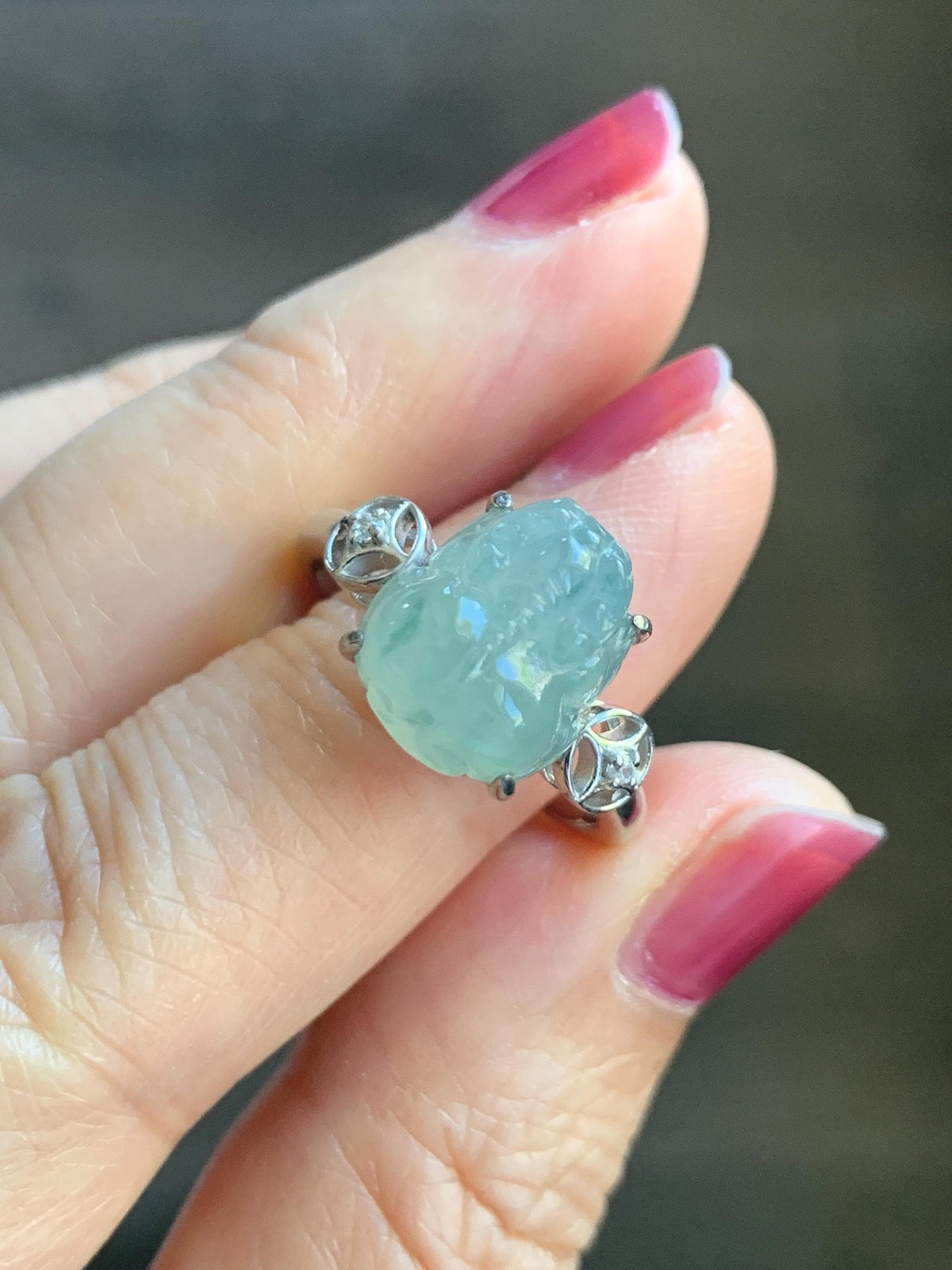 Certified Natural Grade A Icy Translucent Pale Green Marbled Jade Jadeite Pixiu Ring Sterling Silver size 7.25 US 4.15g 天然冰胶晴底飘花翡翠貔貅银镶戒指1033