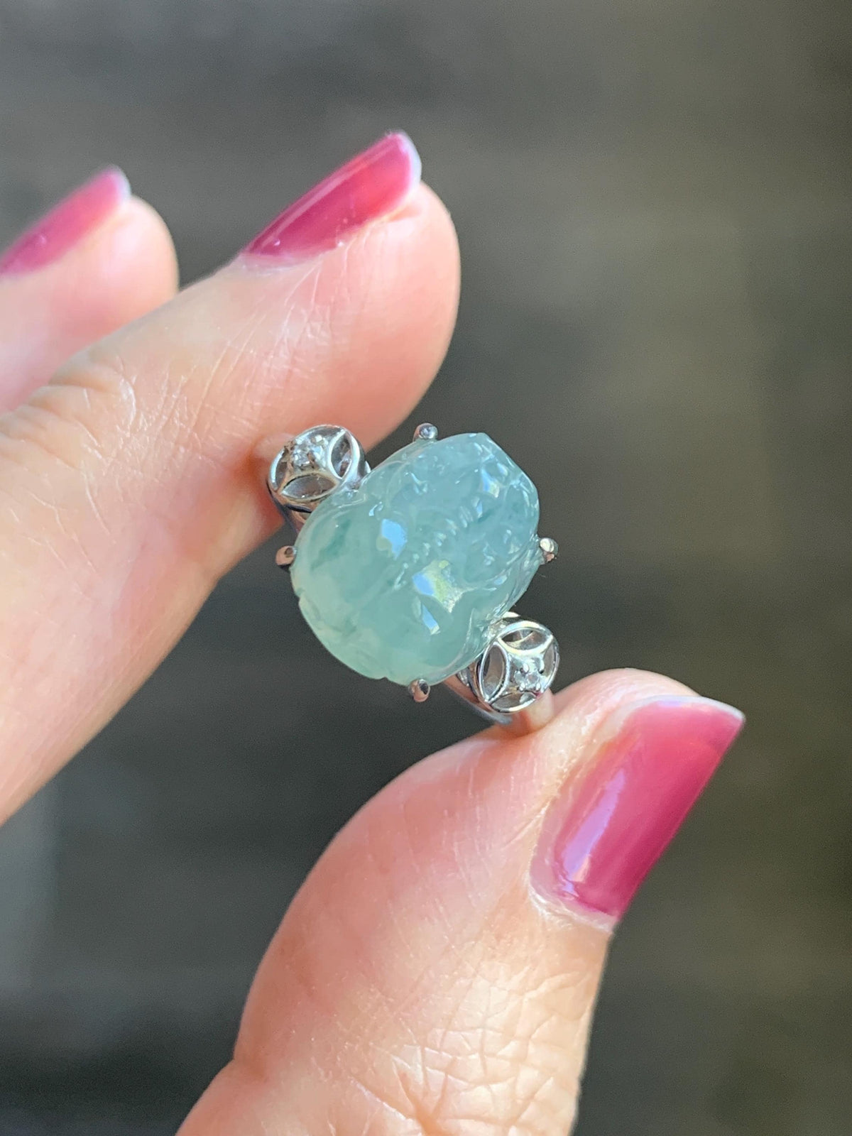 Certified Natural Grade A Icy Translucent Pale Green Marbled Jade Jadeite Pixiu Ring Sterling Silver size 7.25 US 4.15g 天然冰胶晴底飘花翡翠貔貅银镶戒指1033