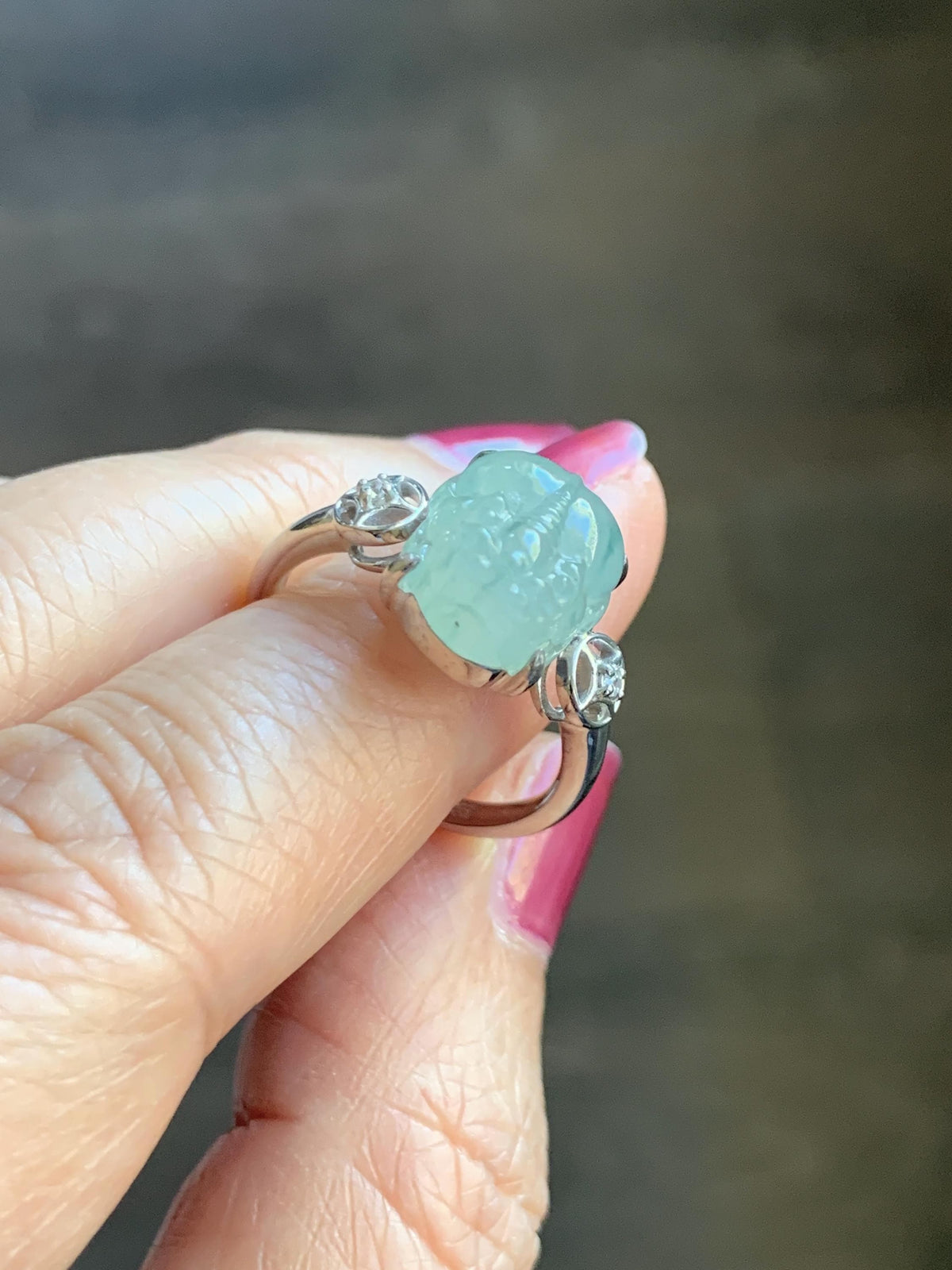 Certified Natural Grade A Icy Translucent Pale Green Marbled Jade Jadeite Pixiu Ring Sterling Silver size 7.25 US 4.15g 天然冰胶晴底飘花翡翠貔貅银镶戒指1033