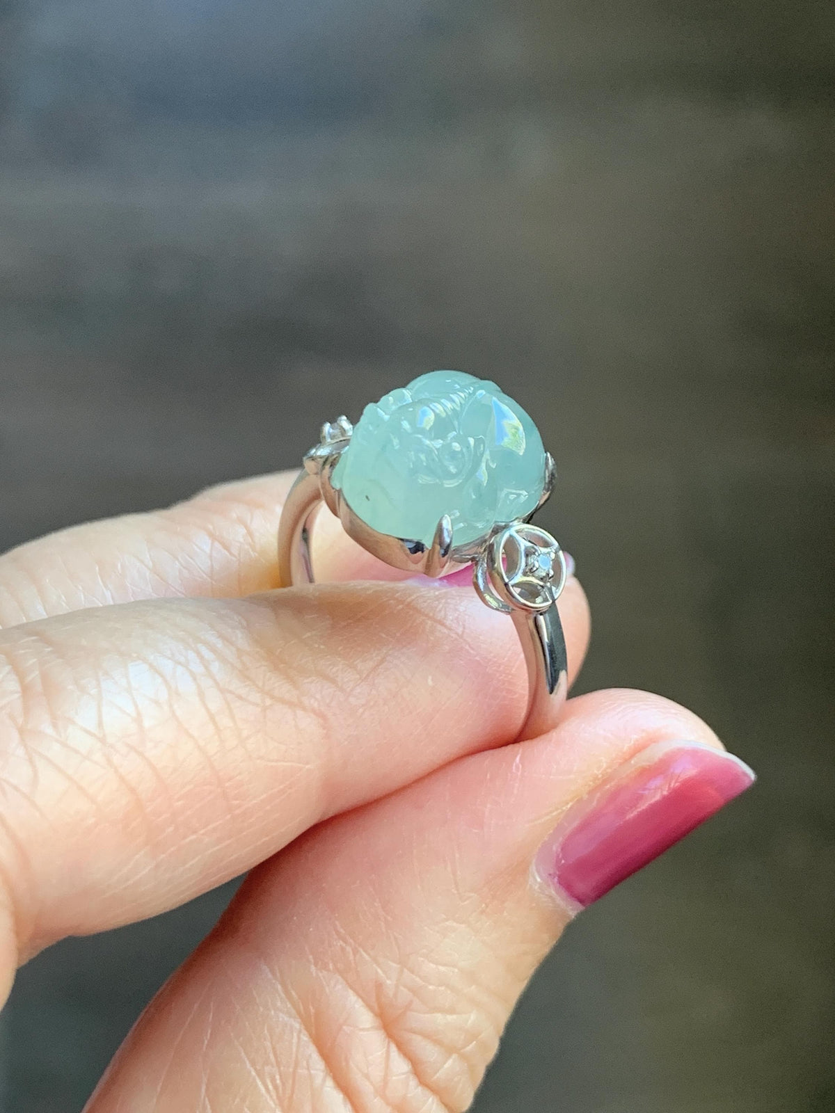 Certified Natural Grade A Icy Translucent Pale Green Marbled Jade Jadeite Pixiu Ring Sterling Silver size 7.25 US 4.15g 天然冰胶晴底飘花翡翠貔貅银镶戒指1033