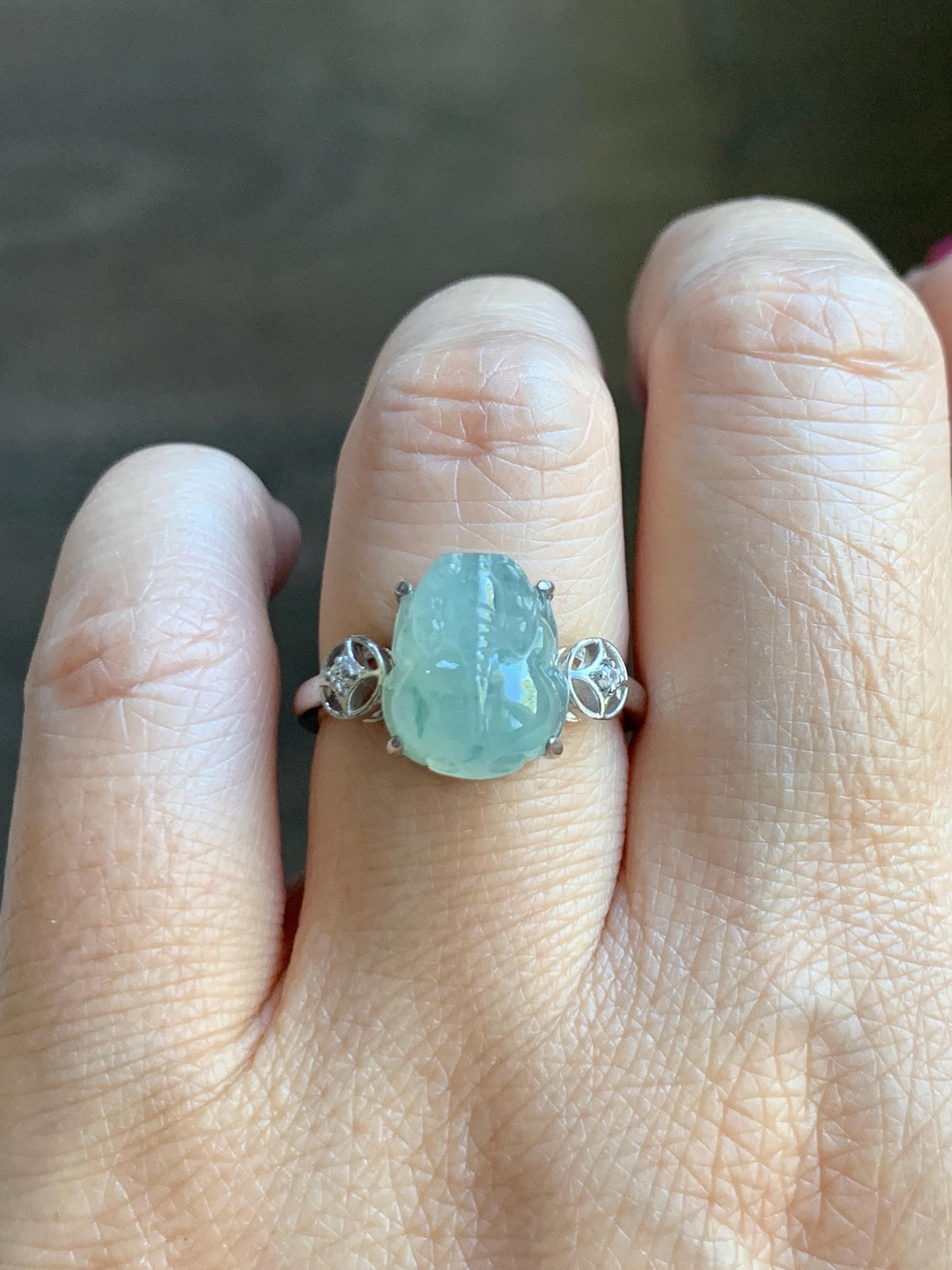 Certified Natural Grade A Icy Translucent Pale Green Marbled Jade Jadeite Pixiu Ring Sterling Silver size 7.25 US 4.15g 天然冰胶晴底飘花翡翠貔貅银镶戒指1033