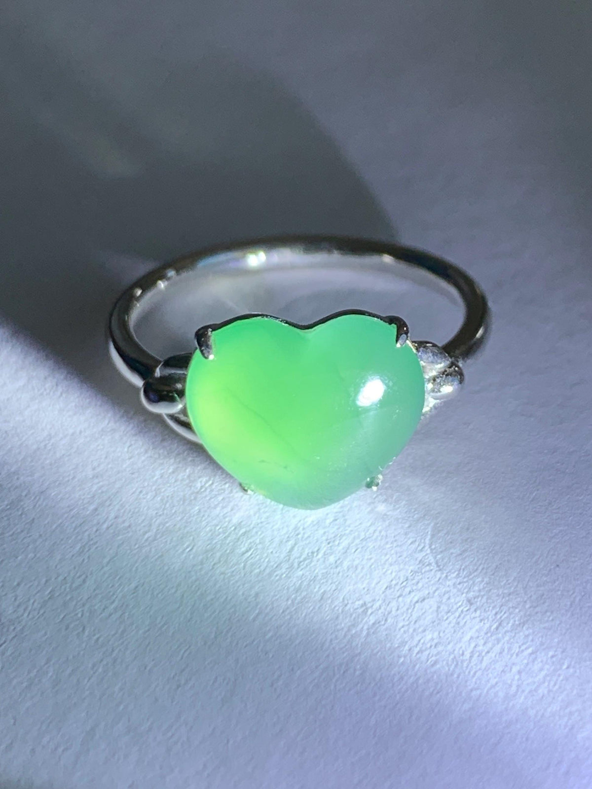 Certified Natural Grade A Guatemalan Icy Translucent Teal Green Jade Jadeite Heart Ring Sterling Silver Size 7.25 US 3g 天然冰危蓝绿翡翠爱心银镶戒指 1038