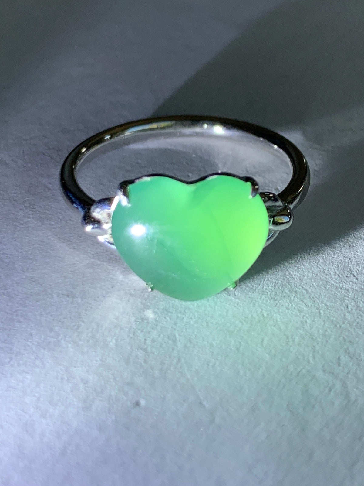 Certified Natural Grade A Guatemalan Icy Translucent Teal Green Jade Jadeite Heart Ring Sterling Silver Size 7.25 US 3g 天然冰危蓝绿翡翠爱心银镶戒指 1038