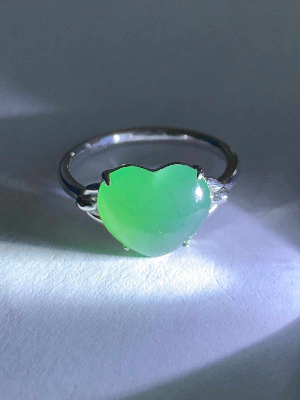 Certified Natural Grade A Guatemalan Icy Translucent Teal Green Jade Jadeite Heart Ring Sterling Silver Size 7.25 US 3g 天然冰危蓝绿翡翠爱心银镶戒指 1038