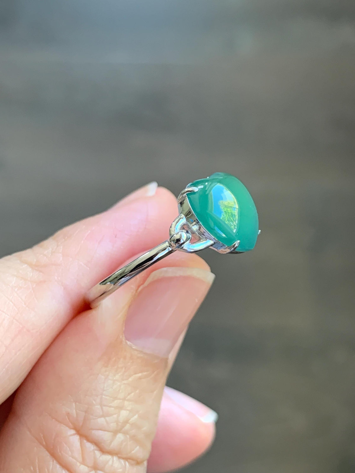 Certified Natural Grade A Guatemalan Icy Translucent Teal Green Jade Jadeite Heart Ring Sterling Silver Size 7.25 US 3g 天然冰危蓝绿翡翠爱心银镶戒指 1038