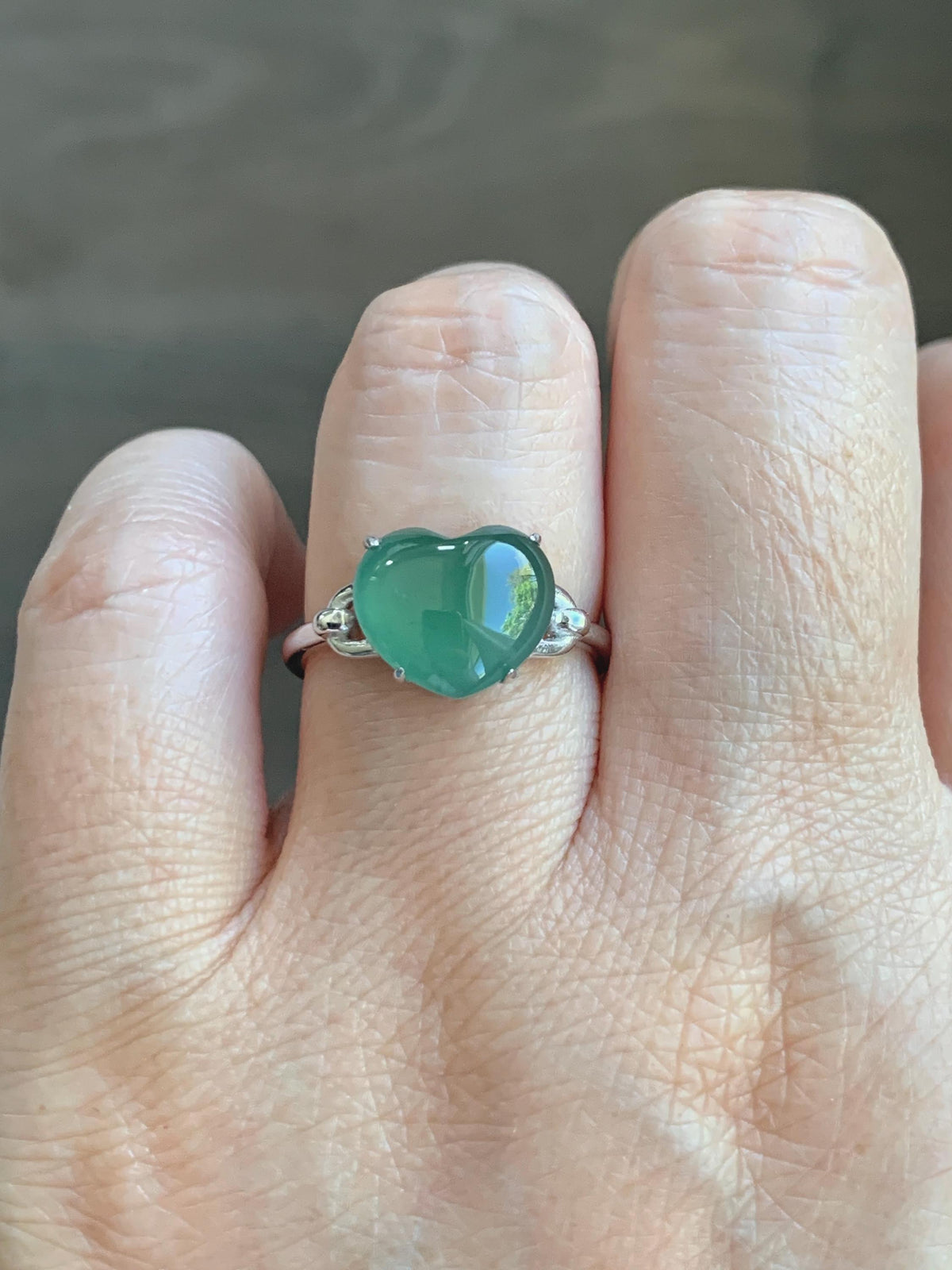 Certified Natural Grade A Guatemalan Icy Translucent Teal Green Jade Jadeite Heart Ring Sterling Silver Size 7.25 US 3g 天然冰危蓝绿翡翠爱心银镶戒指 1038