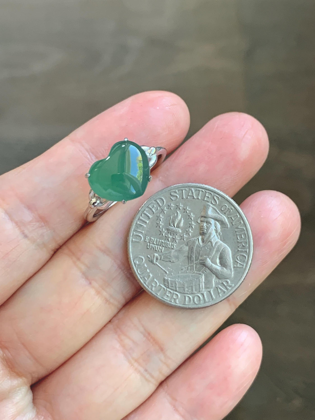 Certified Natural Grade A Guatemalan Icy Translucent Teal Green Jade Jadeite Heart Ring Sterling Silver Size 7.25 US 3g 天然冰危蓝绿翡翠爱心银镶戒指 1038