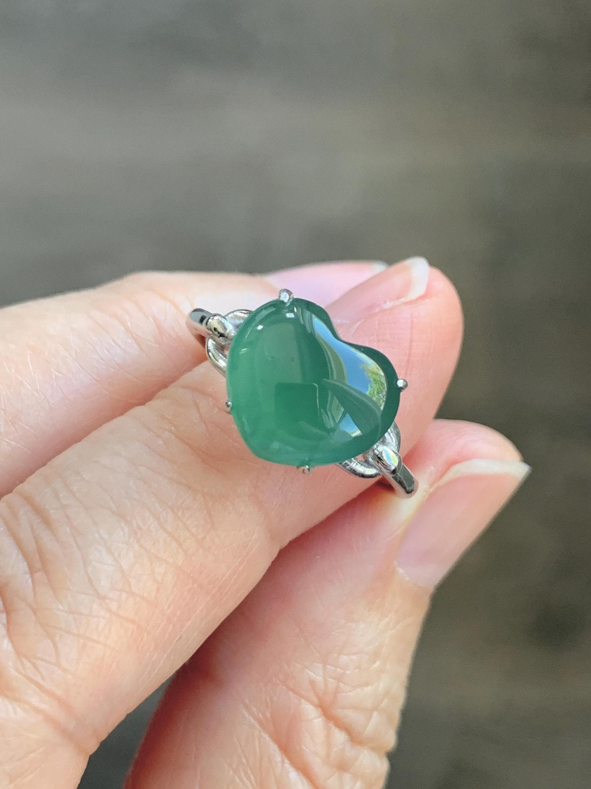 Certified Natural Grade A Guatemalan Icy Translucent Teal Green Jade Jadeite Heart Ring Sterling Silver Size 7.25 US 3g 天然冰危蓝绿翡翠爱心银镶戒指 1038