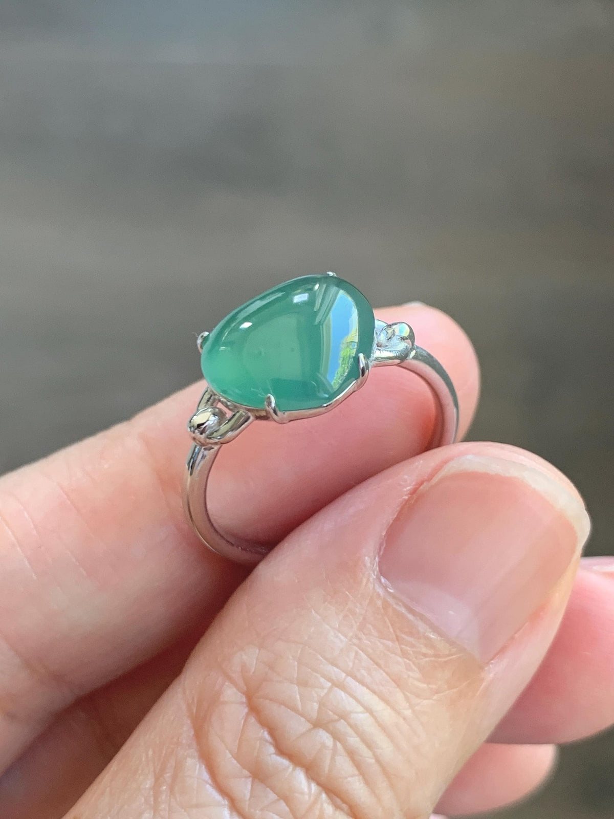 Certified Natural Grade A Guatemalan Icy Translucent Teal Green Jade Jadeite Heart Ring Sterling Silver Size 7.25 US 3g 天然冰危蓝绿翡翠爱心银镶戒指 1038