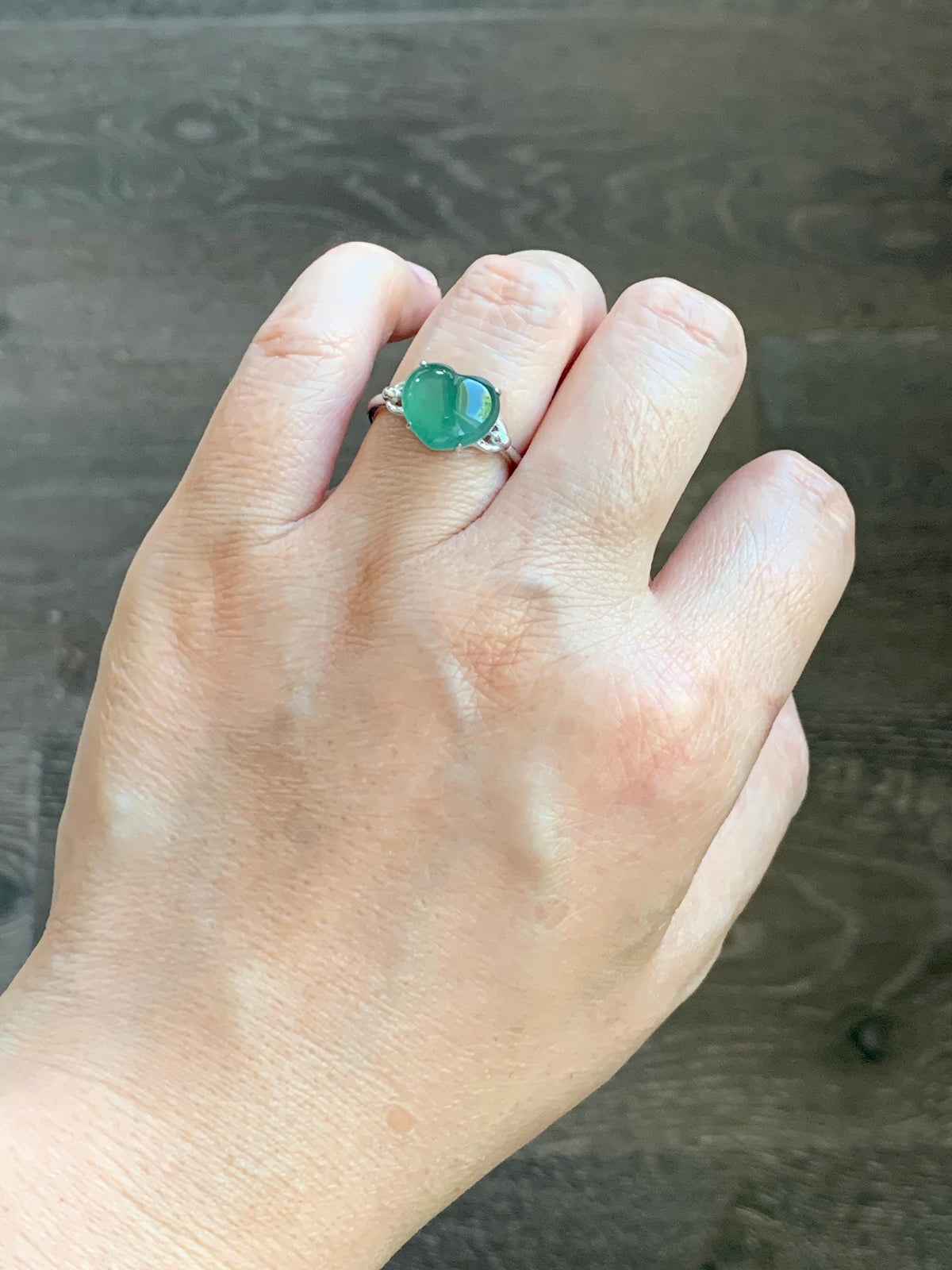 Certified Natural Grade A Guatemalan Icy Translucent Teal Green Jade Jadeite Heart Ring Sterling Silver Size 7.25 US 3g 天然冰危蓝绿翡翠爱心银镶戒指 1038