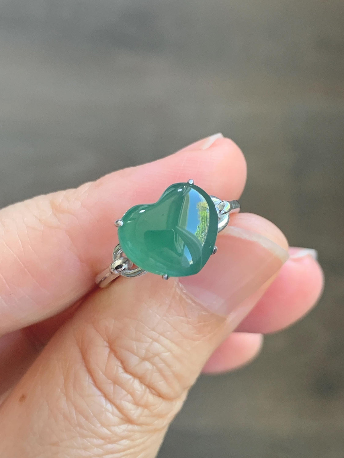 Certified Natural Grade A Guatemalan Icy Translucent Teal Green Jade Jadeite Heart Ring Sterling Silver Size 7.25 US 3g 天然冰危蓝绿翡翠爱心银镶戒指 1038