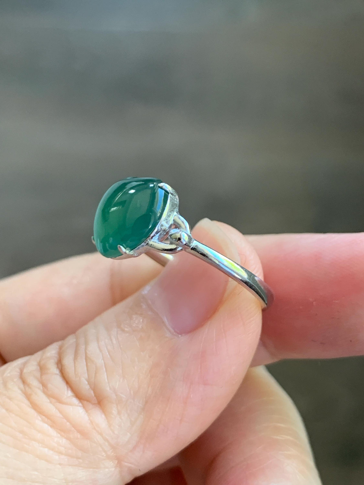 Certified Natural Grade A Guatemalan Icy Translucent Teal Green Jade Jadeite Heart Ring Sterling Silver Size 7.25 US 3g 天然冰危蓝绿翡翠爱心银镶戒指 1038