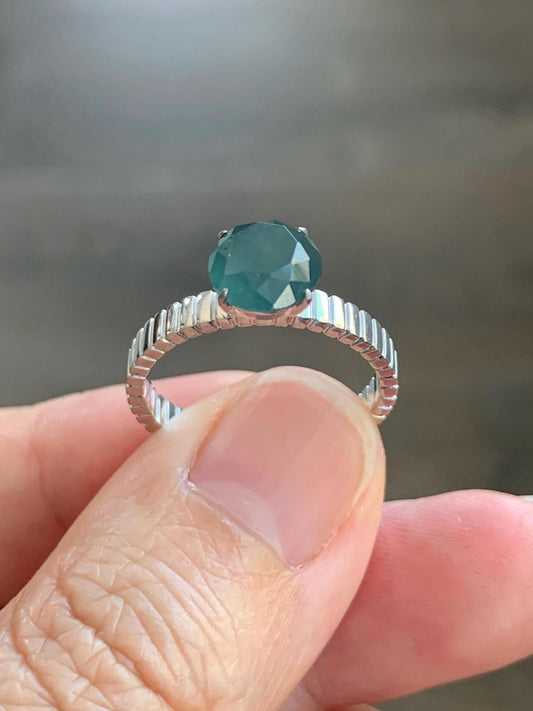 Certified Grade A Natural Guatemalan Icy Dark Teal Blue Diamond Faceted Jade Jadeite Ring Sterling Silver Size 7 US 3g 天然冰危深蓝钻石切割面翡翠戒指 1039