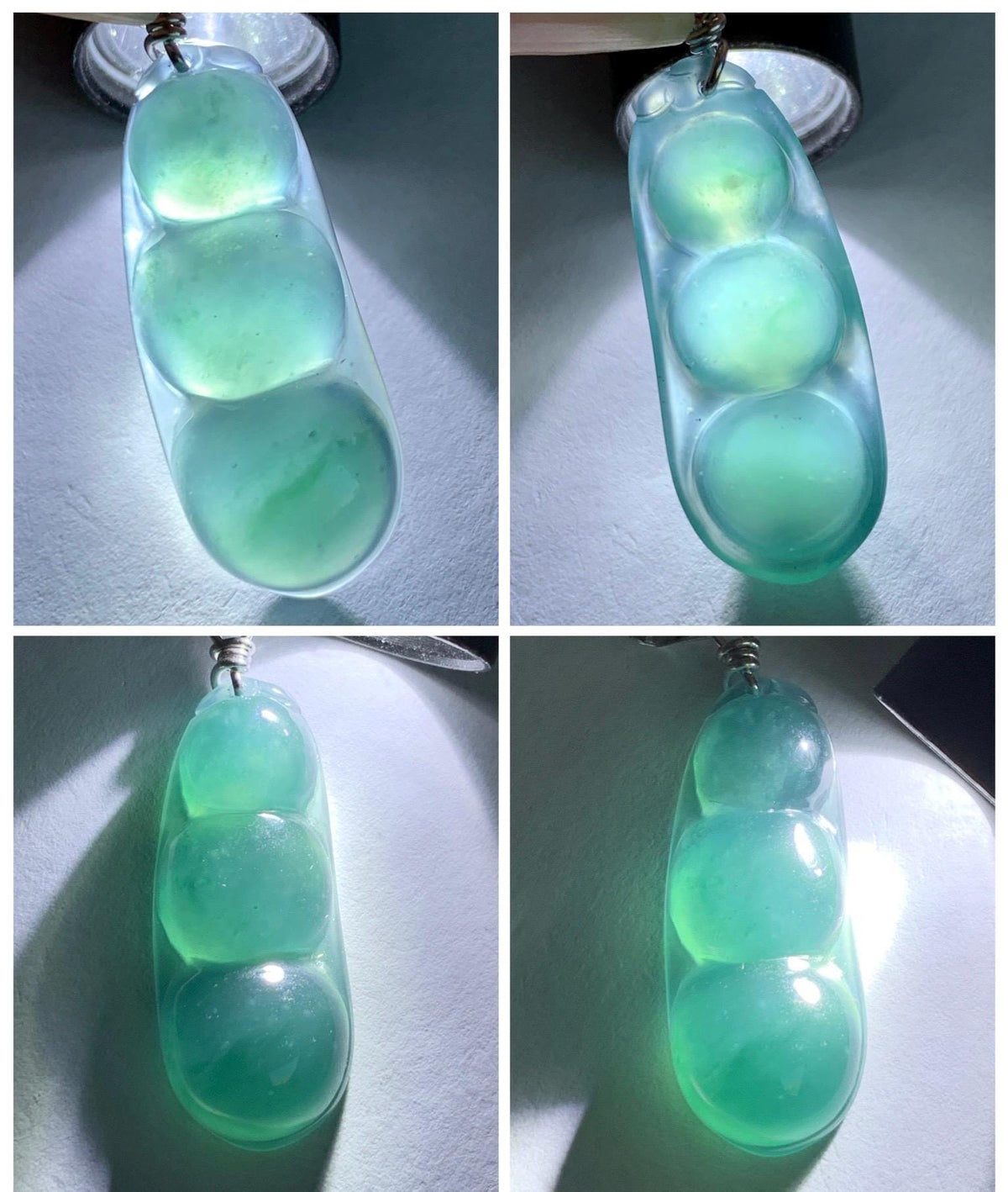 Natural Grade A Guatemalan Icy Translucent Dark Teal Blue Jade Jadeite Carved Peapod Pendant Sterling Silver 4g 天然冰危深蓝翡翠福豆吊坠 WLD90F