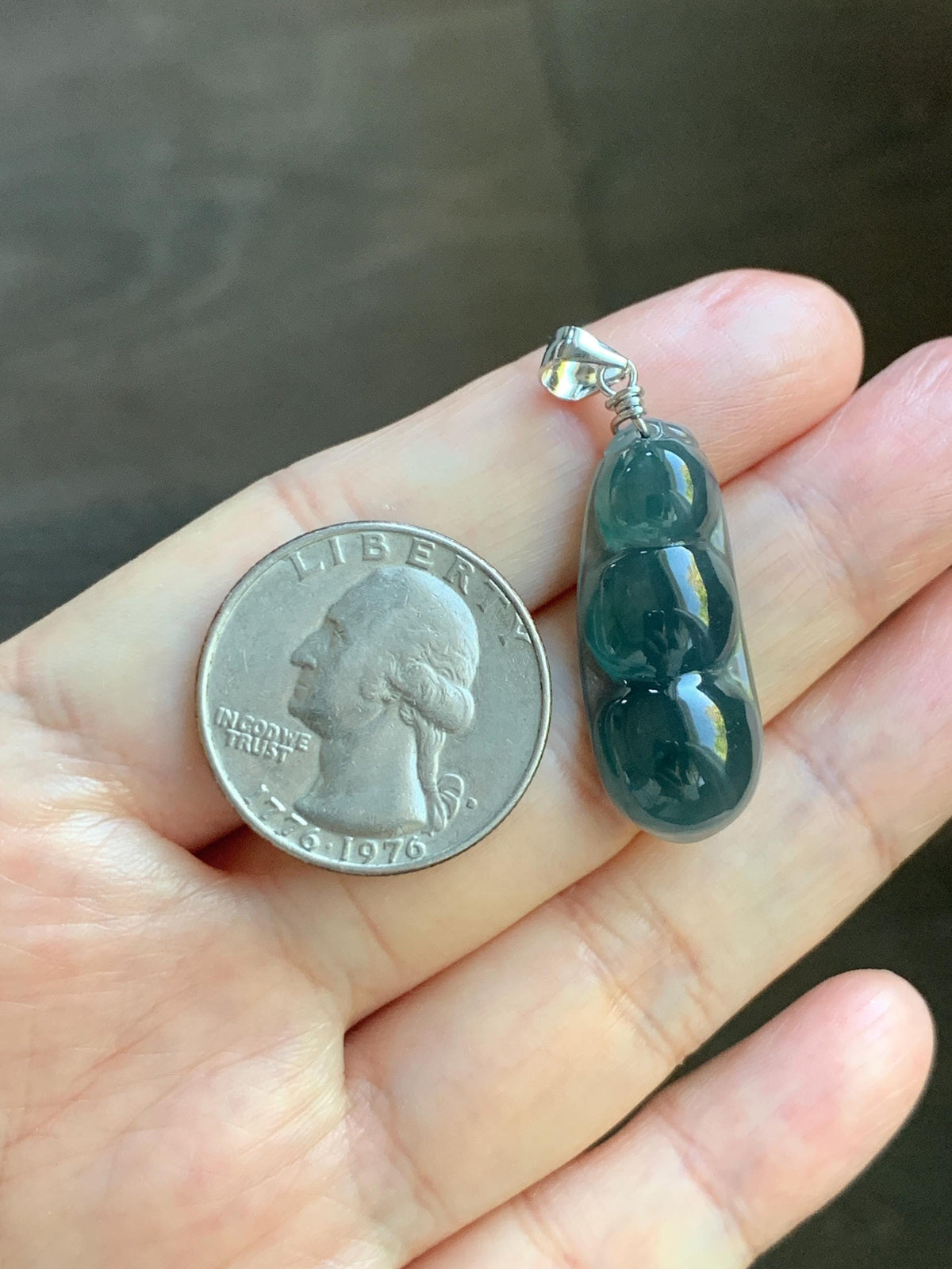Natural Grade A Guatemalan Icy Translucent Dark Teal Blue Jade Jadeite Carved Peapod Pendant Sterling Silver 4g 天然冰危深蓝翡翠福豆吊坠 WLD90F