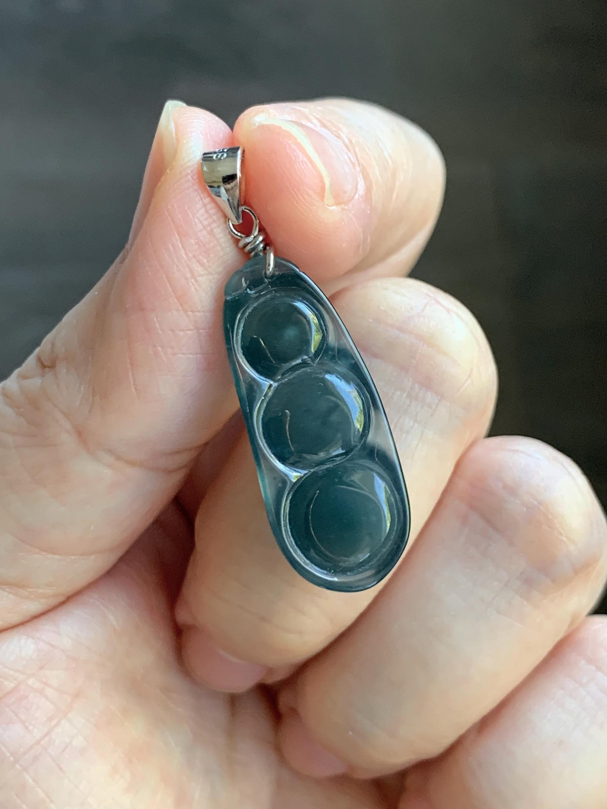 Natural Grade A Guatemalan Icy Translucent Dark Teal Blue Jade Jadeite Carved Peapod Pendant Sterling Silver 4g 天然冰危深蓝翡翠福豆吊坠 WLD90F
