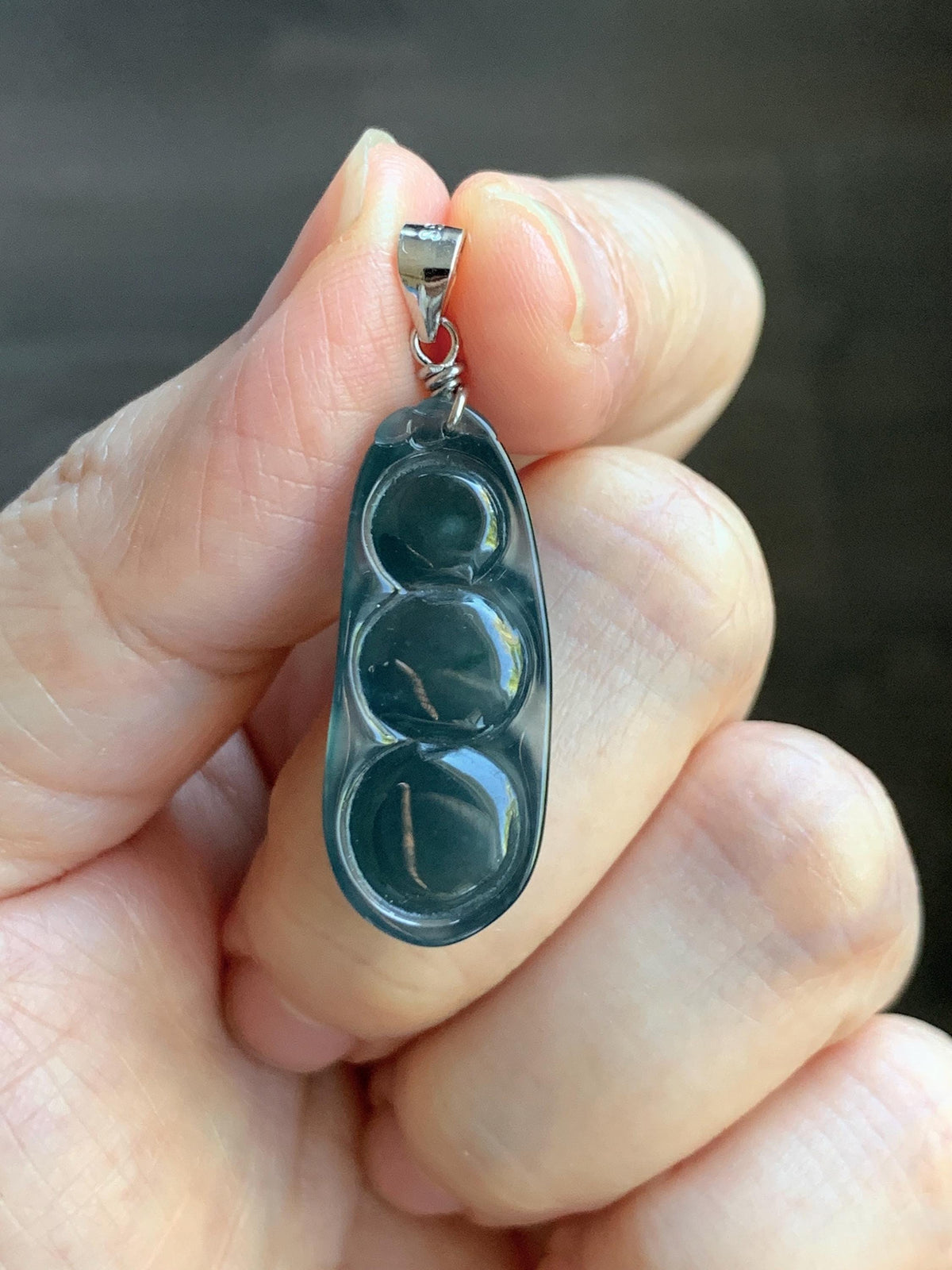 Natural Grade A Guatemalan Icy Translucent Dark Teal Blue Jade Jadeite Carved Peapod Pendant Sterling Silver 4g 天然冰危深蓝翡翠福豆吊坠 WLD90F