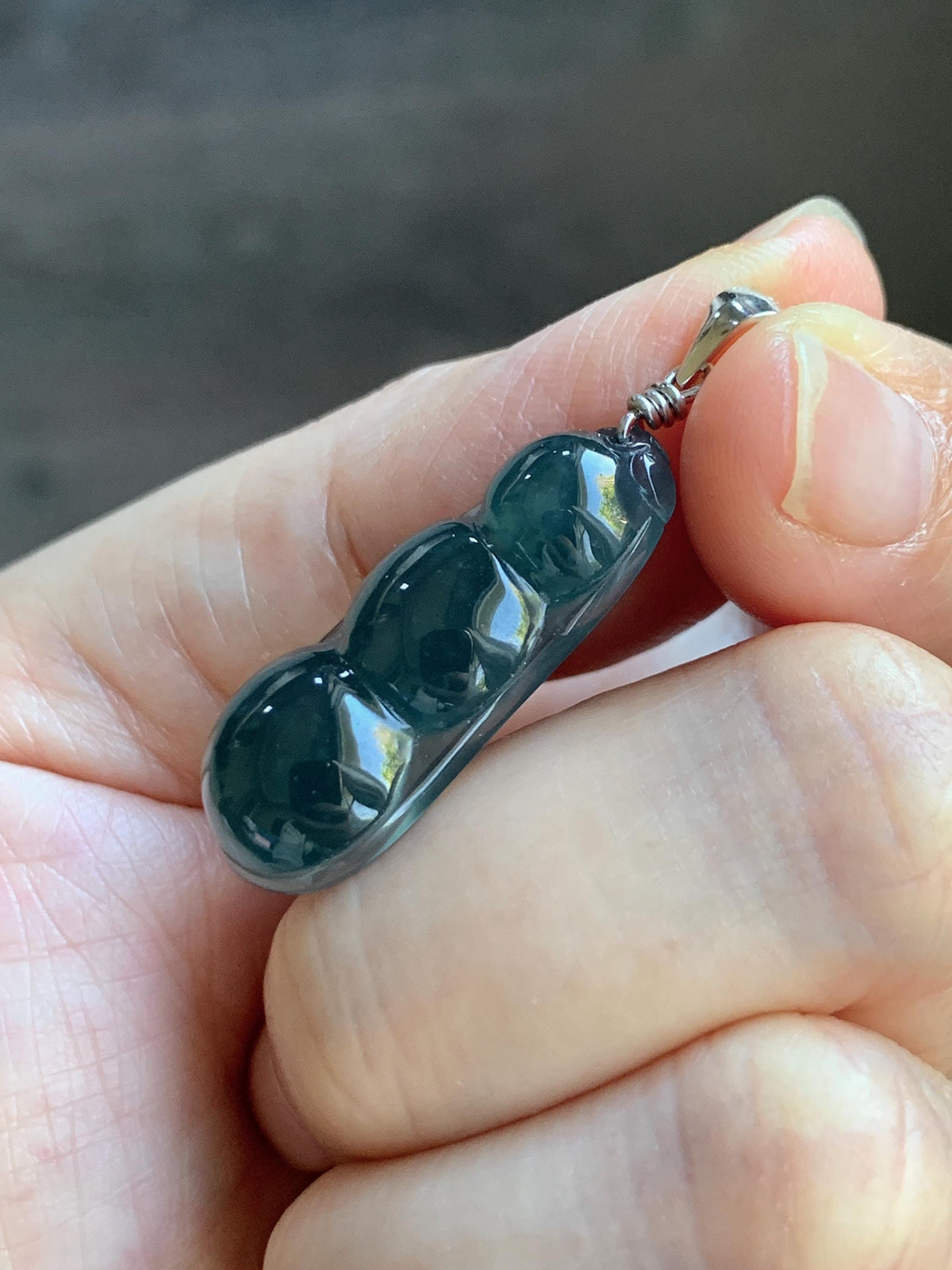 Natural Grade A Guatemalan Icy Translucent Dark Teal Blue Jade Jadeite Carved Peapod Pendant Sterling Silver 4g 天然冰危深蓝翡翠福豆吊坠 WLD90F