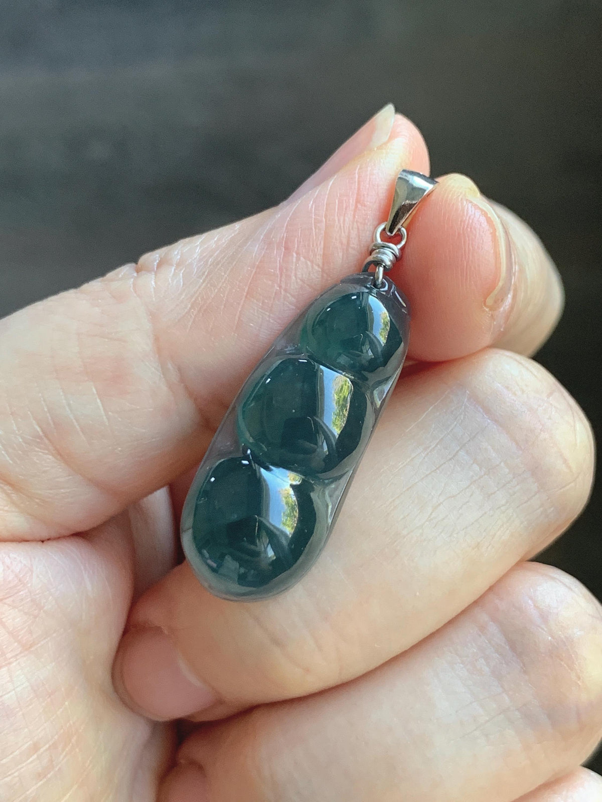 Natural Grade A Guatemalan Icy Translucent Dark Teal Blue Jade Jadeite Carved Peapod Pendant Sterling Silver 4g 天然冰危深蓝翡翠福豆吊坠 WLD90F