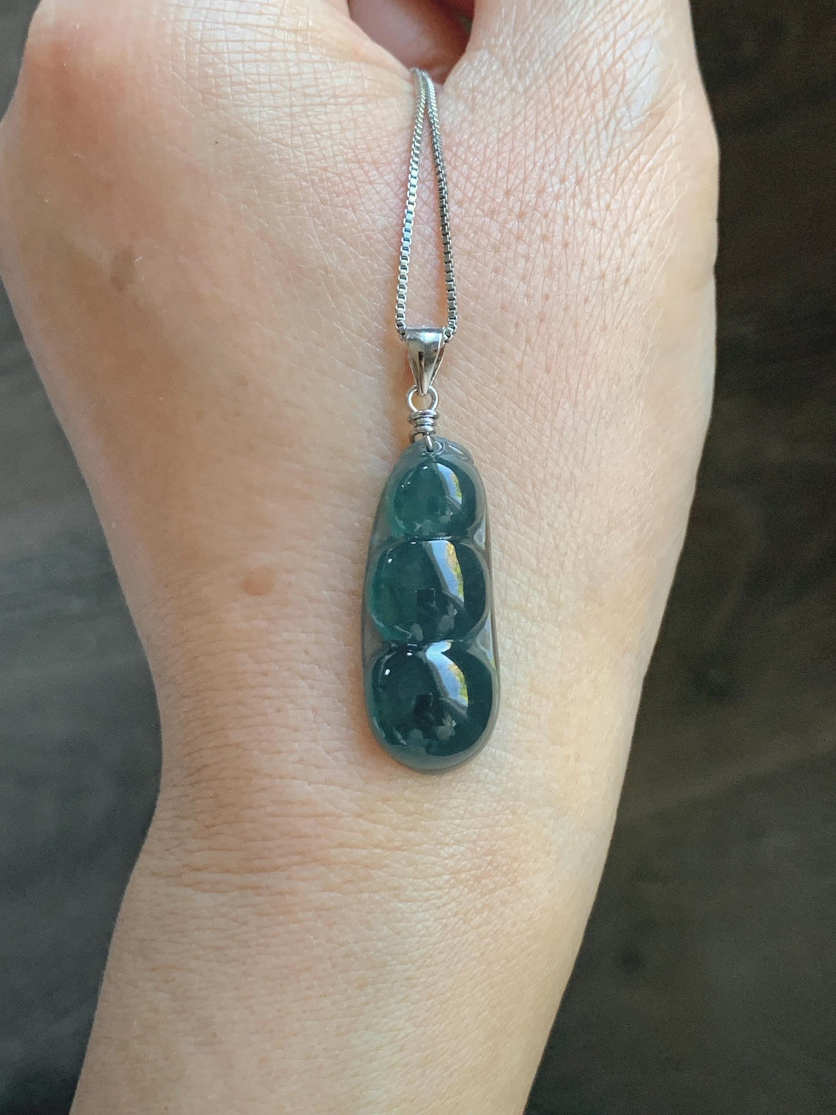 Natural Grade A Guatemalan Icy Translucent Dark Teal Blue Jade Jadeite Carved Peapod Pendant Sterling Silver 4g 天然冰危深蓝翡翠福豆吊坠 WLD90F
