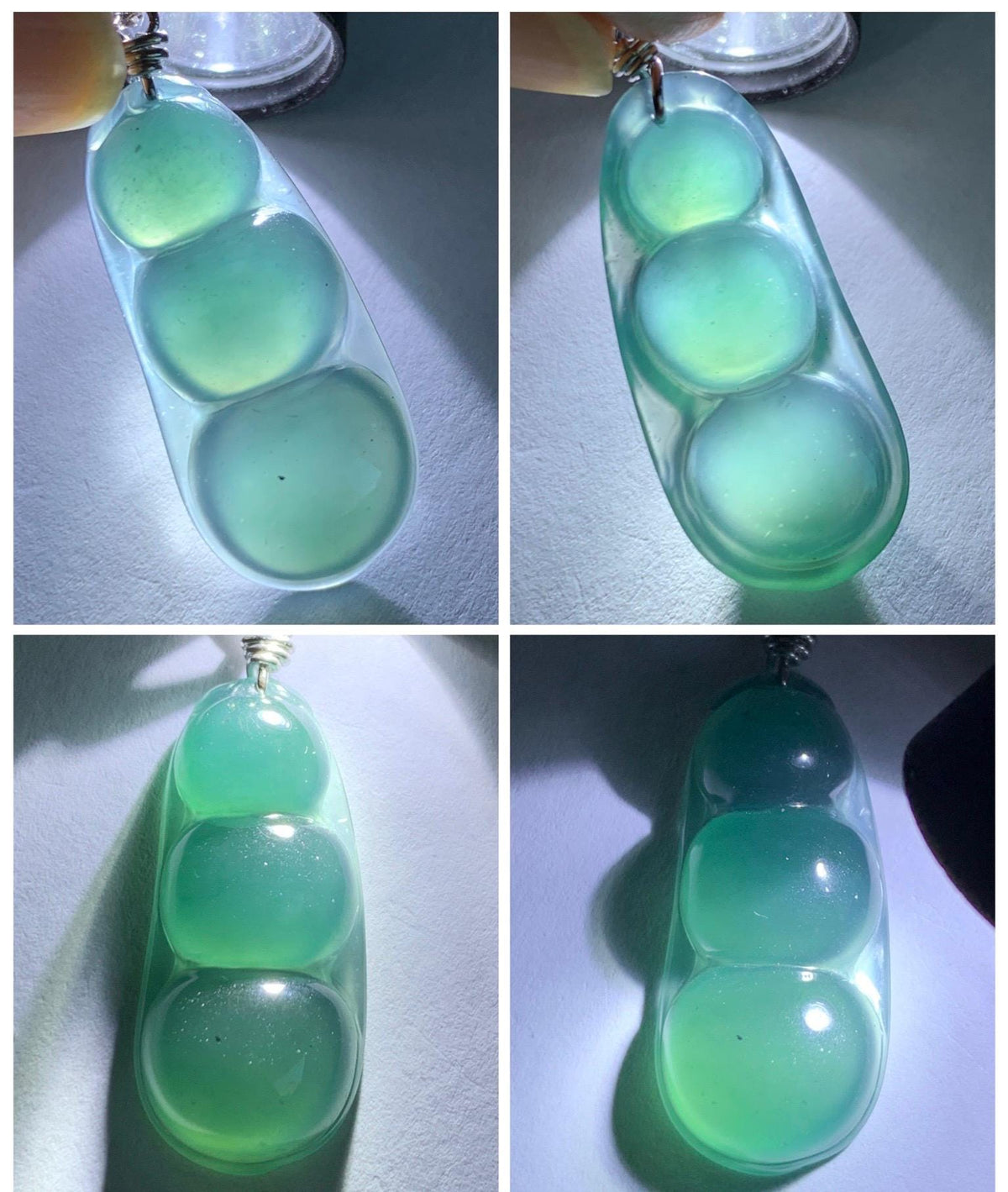 Natural Grade A Guatemalan Icy Translucent Dark Teal Green Jade Jadeite Carved Peapod Pendant Sterling Silver 4g 天然冰危深蓝绿翡翠福豆吊坠 WLD90E