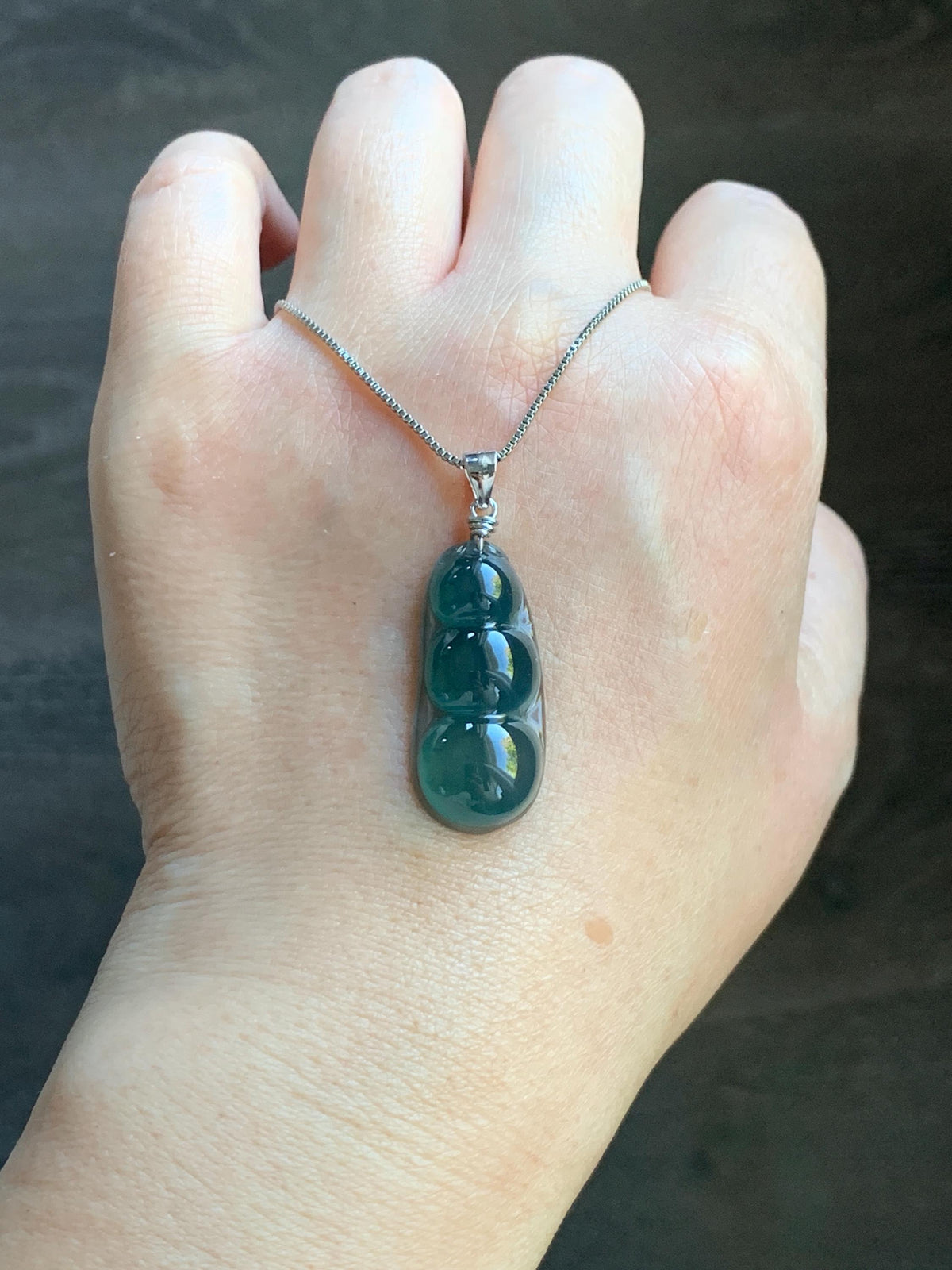 Natural Grade A Guatemalan Icy Translucent Dark Teal Green Jade Jadeite Carved Peapod Pendant Sterling Silver 4g 天然冰危深蓝绿翡翠福豆吊坠 WLD90E
