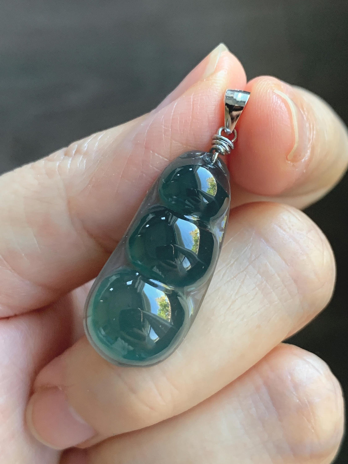 Natural Grade A Guatemalan Icy Translucent Dark Teal Green Jade Jadeite Carved Peapod Pendant Sterling Silver 4g 天然冰危深蓝绿翡翠福豆吊坠 WLD90E
