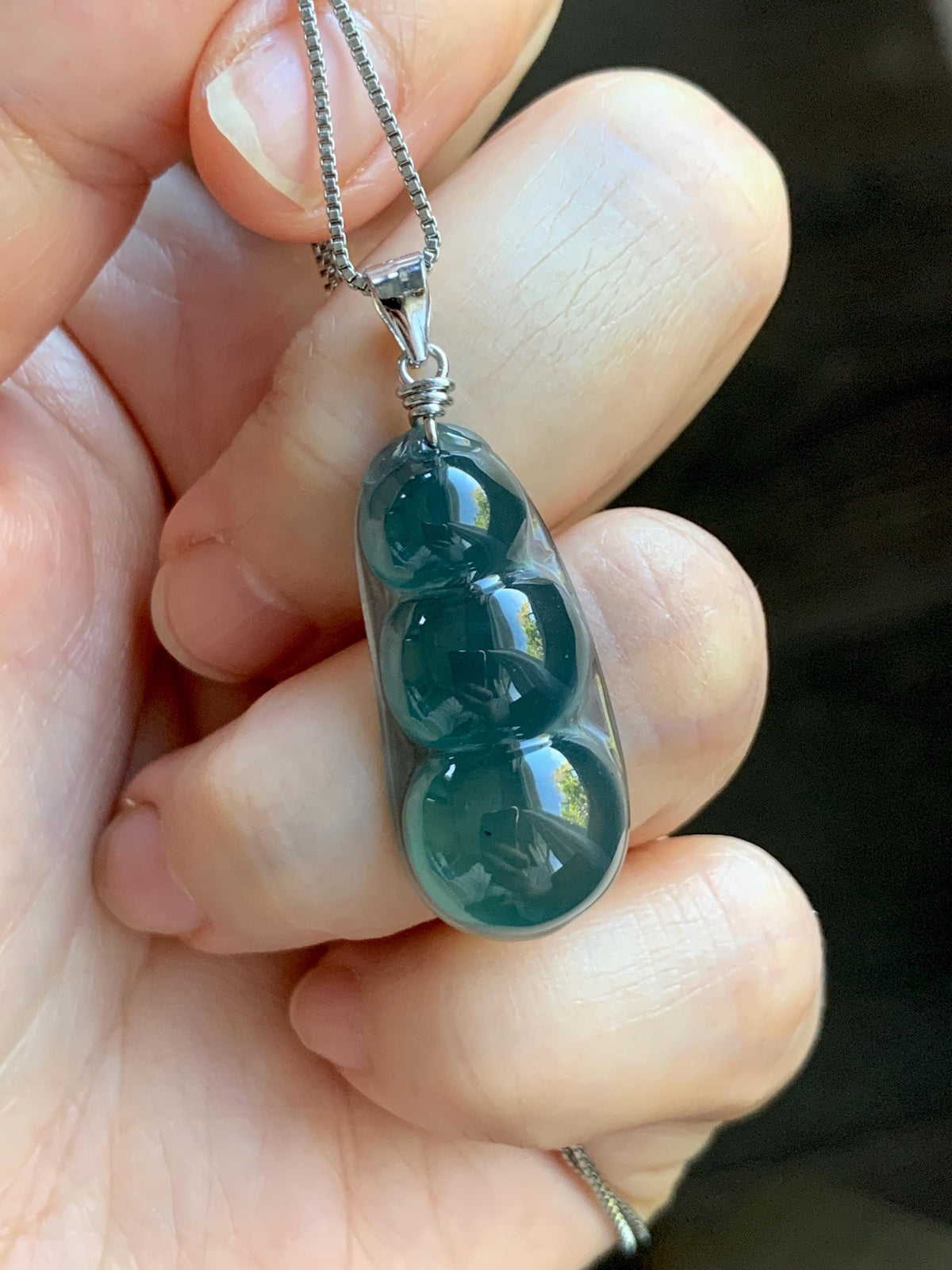 Natural Grade A Guatemalan Icy Translucent Dark Teal Green Jade Jadeite Carved Peapod Pendant Sterling Silver 4g 天然冰危深蓝绿翡翠福豆吊坠 WLD90E