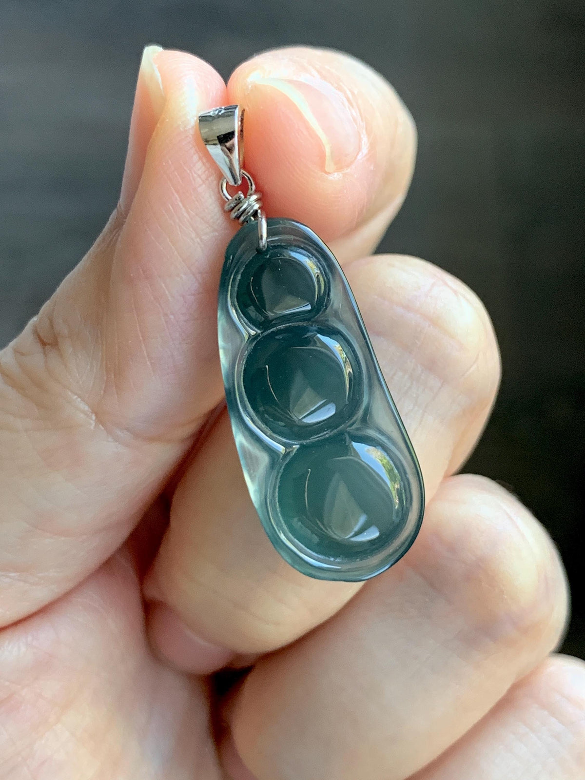 Natural Grade A Guatemalan Icy Translucent Dark Teal Green Jade Jadeite Carved Peapod Pendant Sterling Silver 4g 天然冰危深蓝绿翡翠福豆吊坠 WLD90E