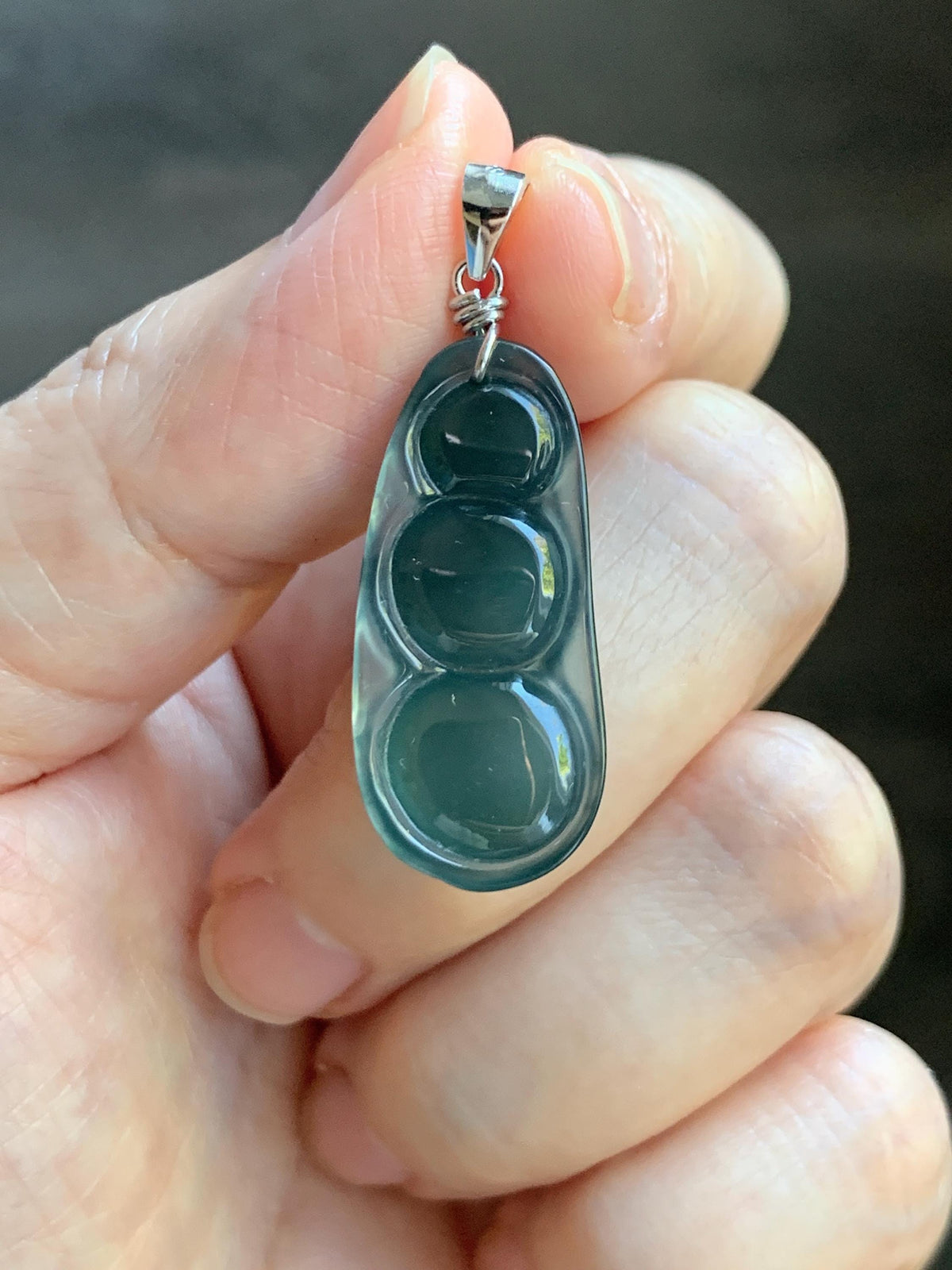 Natural Grade A Guatemalan Icy Translucent Dark Teal Green Jade Jadeite Carved Peapod Pendant Sterling Silver 4g 天然冰危深蓝绿翡翠福豆吊坠 WLD90E