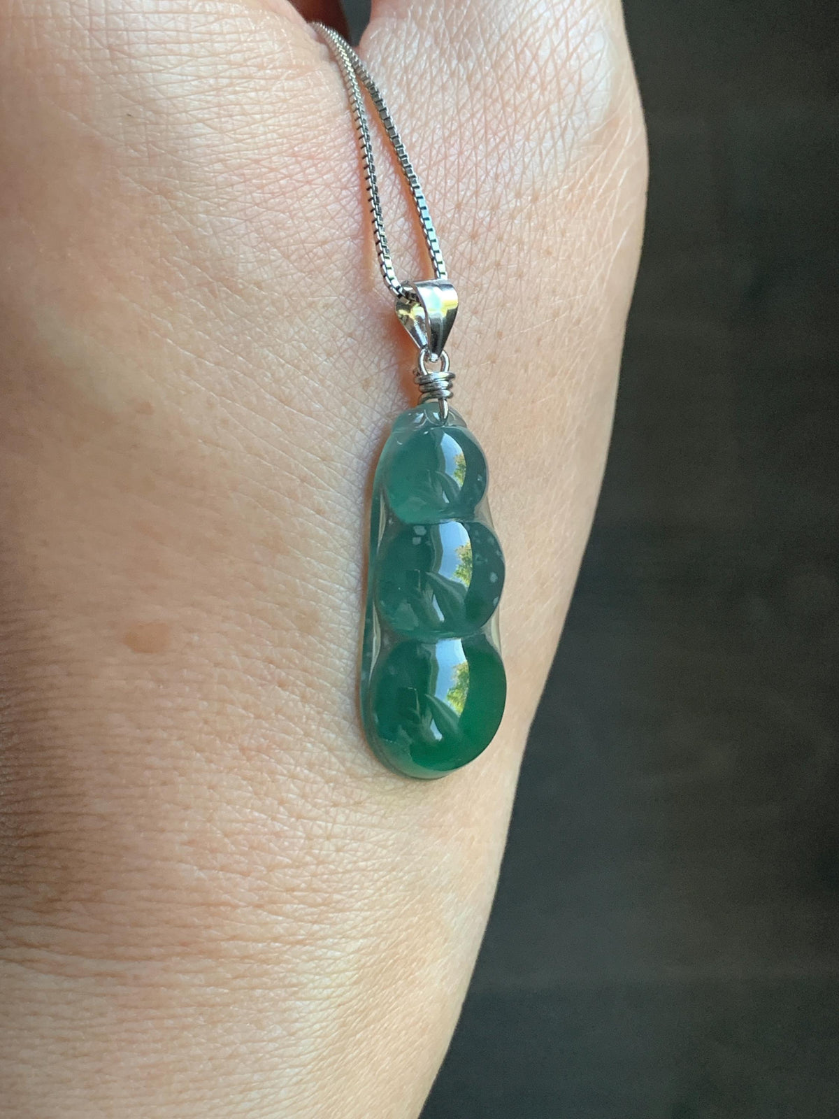 Natural Grade A Guatemalan Icy Translucent Dark Teal Green Jade Jadeite Carved Peapod Pendant Sterling Silver 3g 天然冰危深蓝绿翡翠福豆吊坠 WLD90D