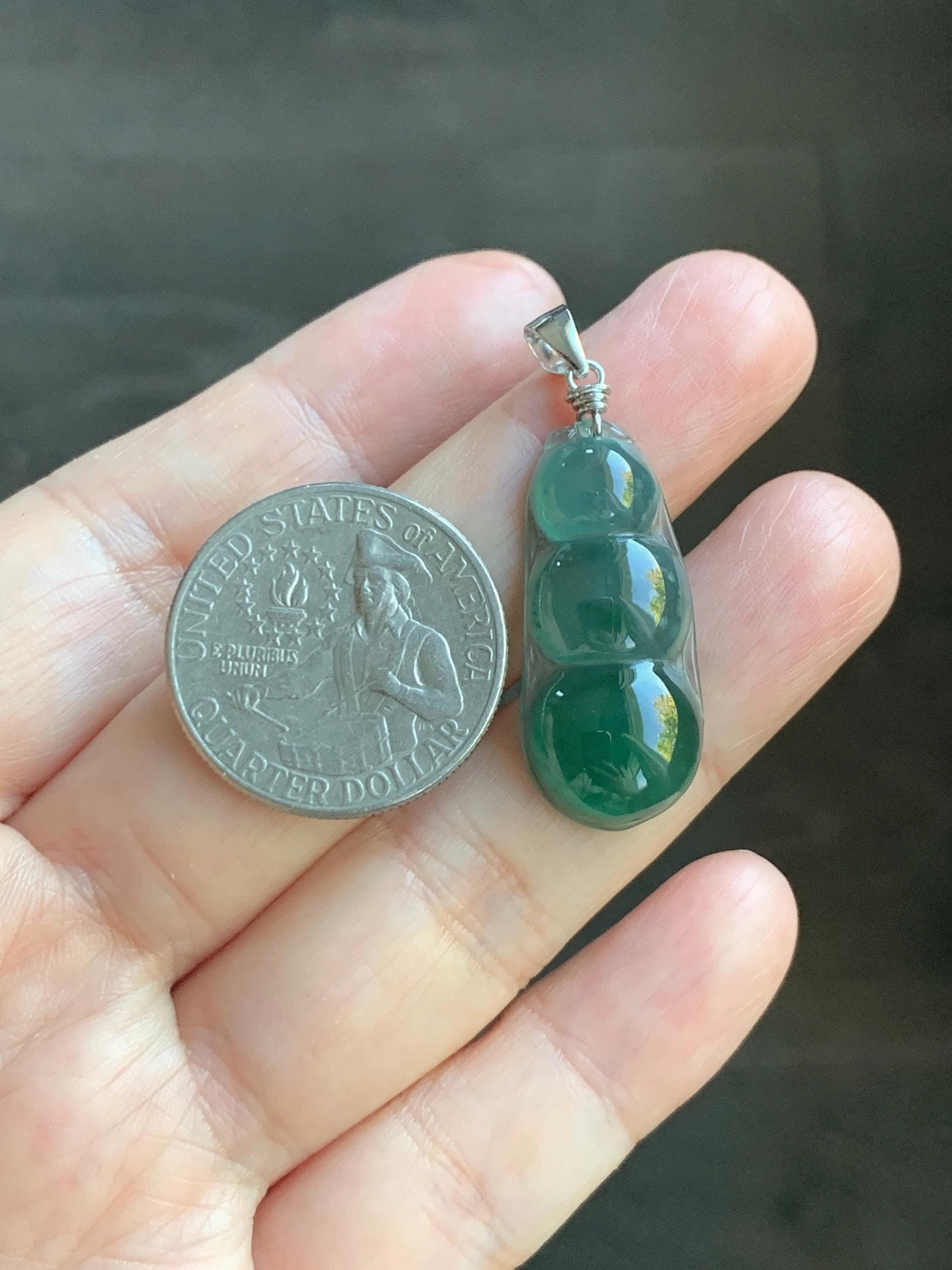 Natural Grade A Guatemalan Icy Translucent Dark Teal Green Jade Jadeite Carved Peapod Pendant Sterling Silver 3g 天然冰危深蓝绿翡翠福豆吊坠 WLD90D