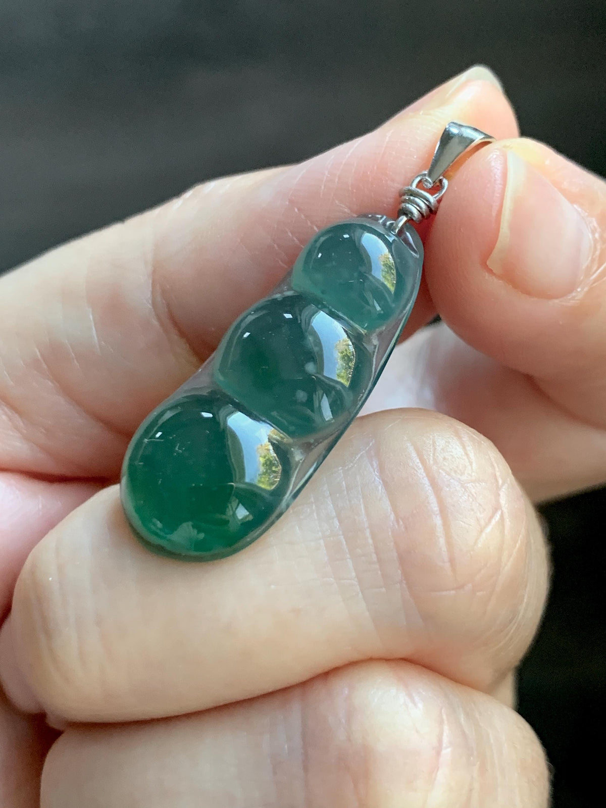 Natural Grade A Guatemalan Icy Translucent Dark Teal Green Jade Jadeite Carved Peapod Pendant Sterling Silver 3g 天然冰危深蓝绿翡翠福豆吊坠 WLD90D
