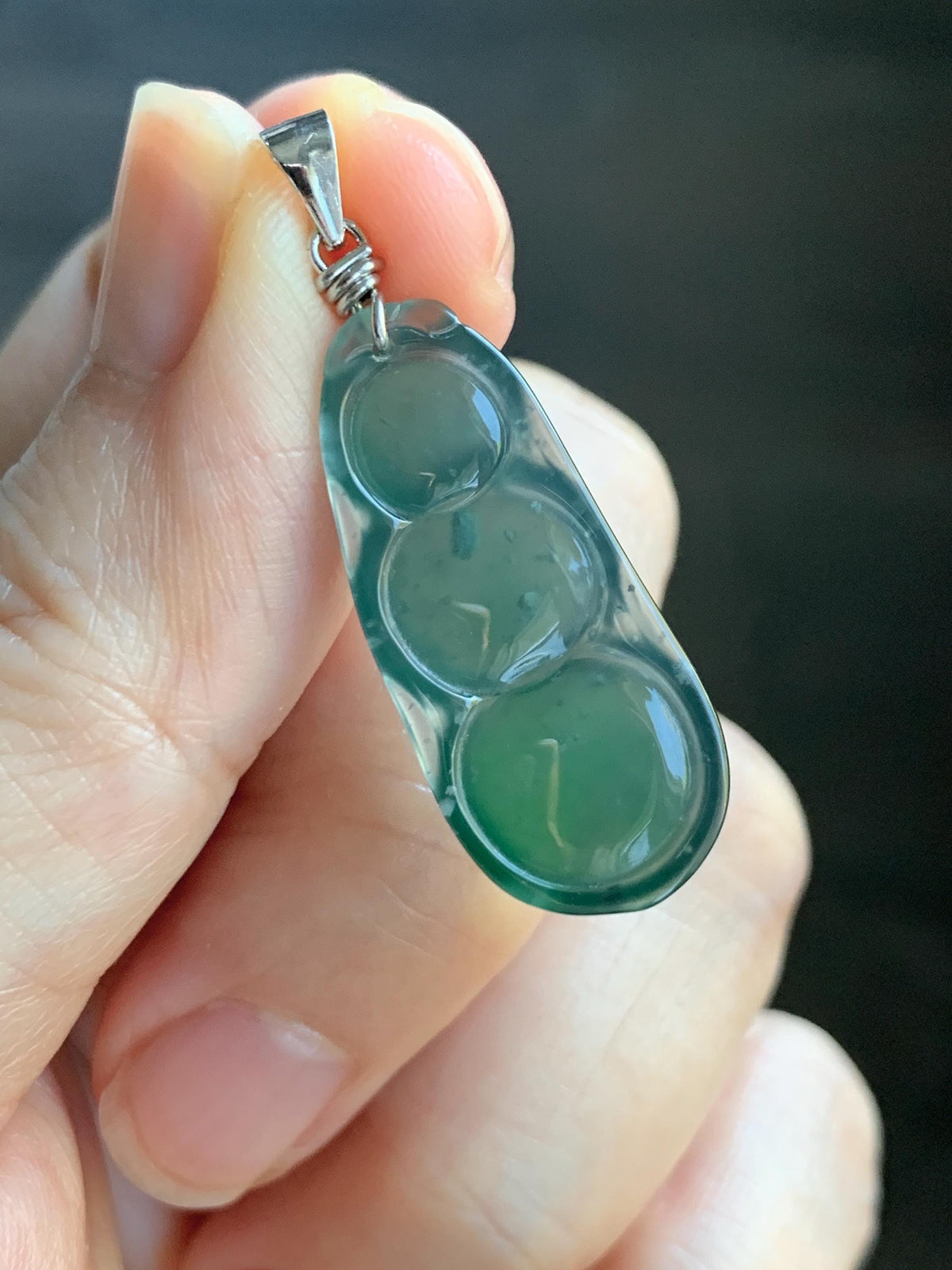 Natural Grade A Guatemalan Icy Translucent Dark Teal Green Jade Jadeite Carved Peapod Pendant Sterling Silver 3g 天然冰危深蓝绿翡翠福豆吊坠 WLD90D