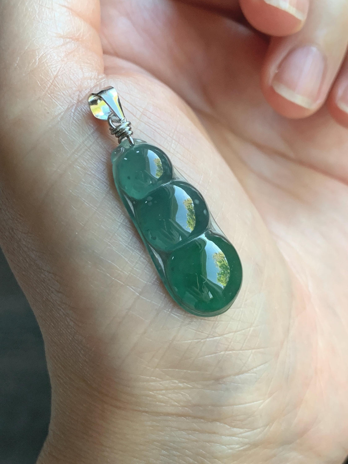 Natural Grade A Guatemalan Icy Translucent Dark Teal Green Jade Jadeite Carved Peapod Pendant Sterling Silver 3g 天然冰危深蓝绿翡翠福豆吊坠 WLD90D