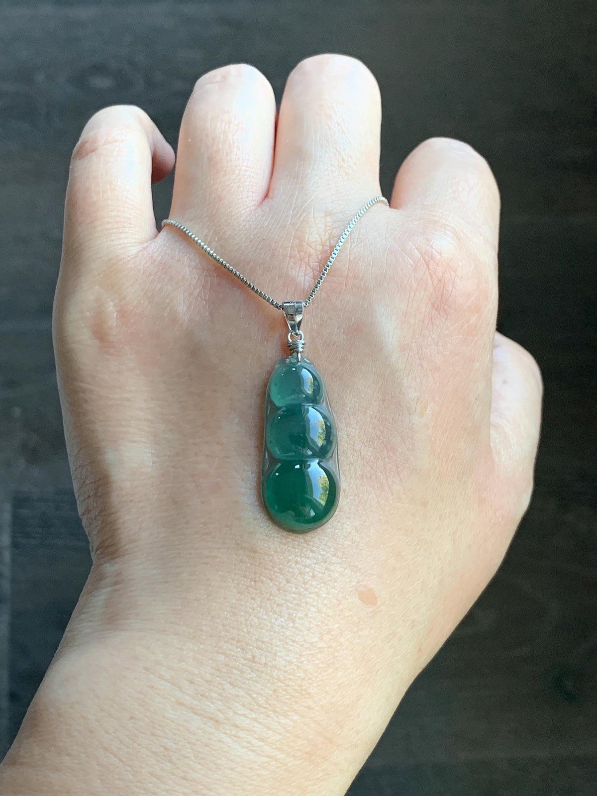 Natural Grade A Guatemalan Icy Translucent Dark Teal Green Jade Jadeite Carved Peapod Pendant Sterling Silver 3g 天然冰危深蓝绿翡翠福豆吊坠 WLD90D