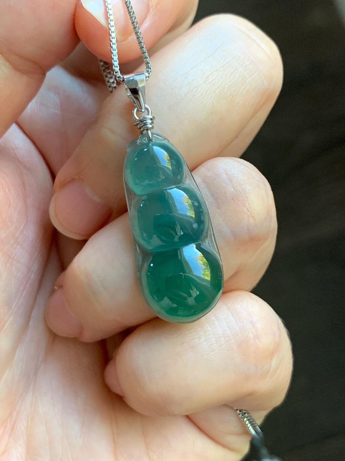 Natural Grade A Guatemalan Icy Translucent Dark Teal Green Jade Jadeite Carved Peapod Pendant Sterling Silver 3g 天然冰危深蓝绿翡翠福豆吊坠 WLD90D