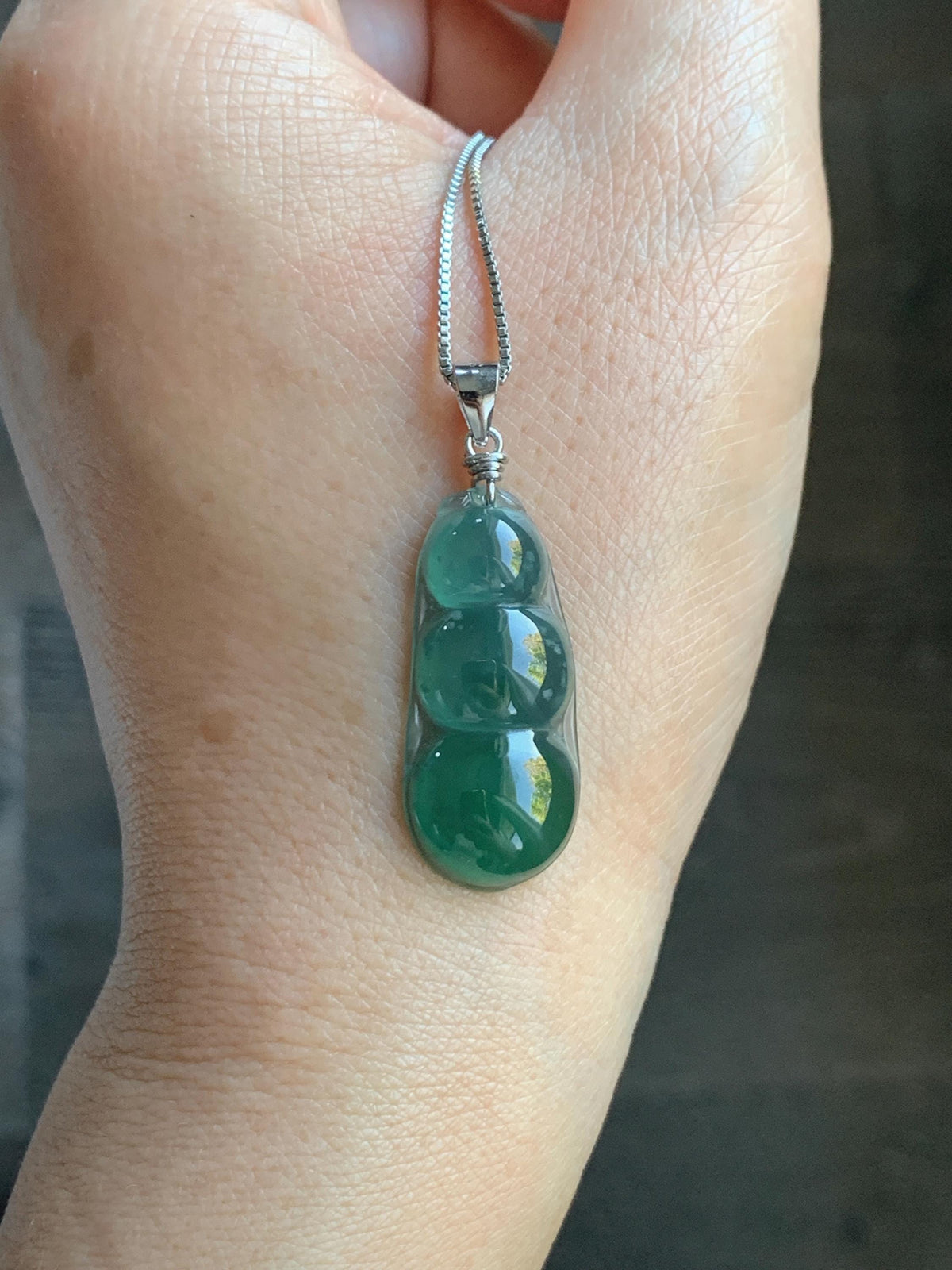 Natural Grade A Guatemalan Icy Translucent Dark Teal Green Jade Jadeite Carved Peapod Pendant Sterling Silver 3g 天然冰危深蓝绿翡翠福豆吊坠 WLD90D