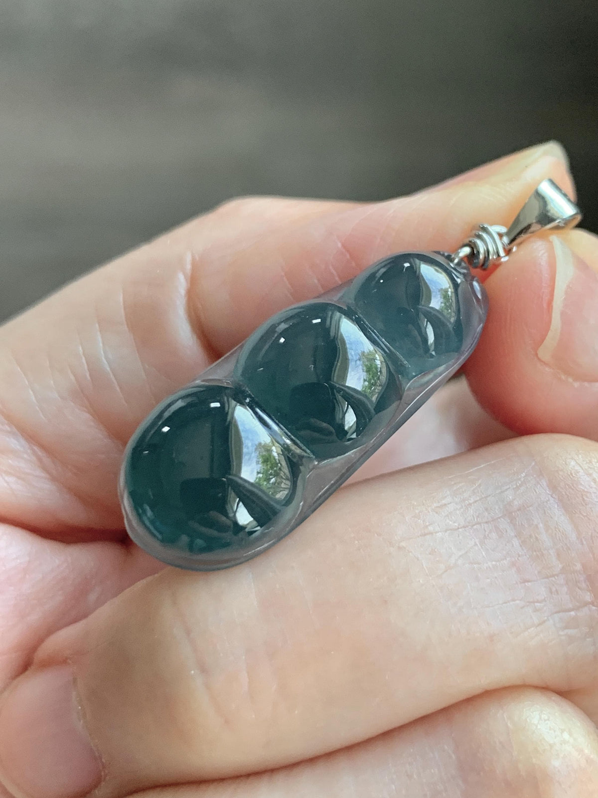 Natural Grade A Guatemalan Icy Translucent Dark Teal Blue Jade Jadeite Carved Peapod Pendant Sterling Silver 4g 天然冰危深蓝翡翠福豆吊坠 WLD90C