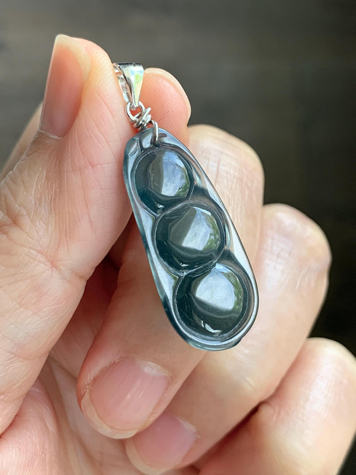 Natural Grade A Guatemalan Icy Translucent Dark Teal Blue Jade Jadeite Carved Peapod Pendant Sterling Silver 4g 天然冰危深蓝翡翠福豆吊坠 WLD90C