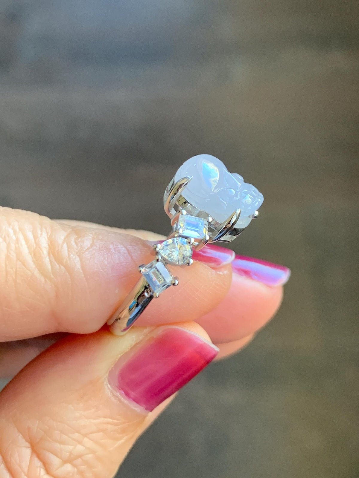 Certified Grade A Natural Icy Translucent Pale Purple Jade Jadeite Pixiu Ring Sterling Silver size 7.5 US 4.29g 天然冰胶浅紫底翡翠貔貅镶嵌戒指 1031