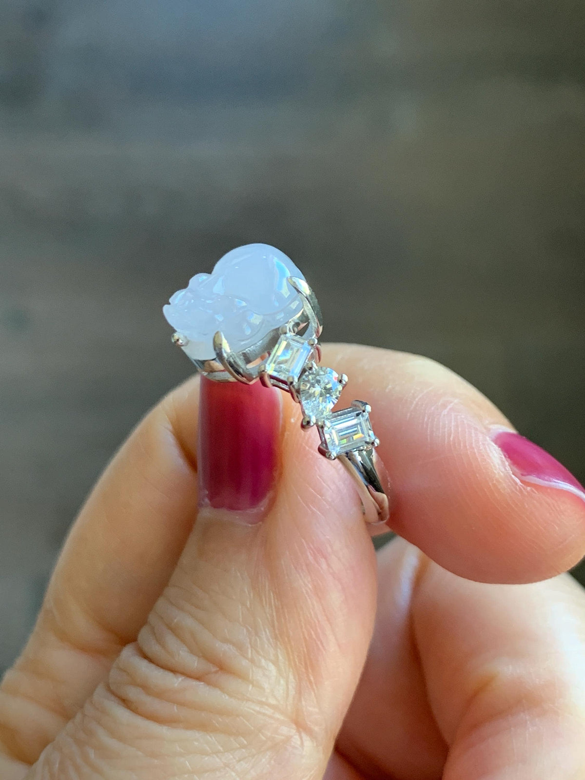 Certified Grade A Natural Icy Translucent Pale Purple Jade Jadeite Pixiu Ring Sterling Silver size 7.5 US 4.29g 天然冰胶浅紫底翡翠貔貅镶嵌戒指 1031