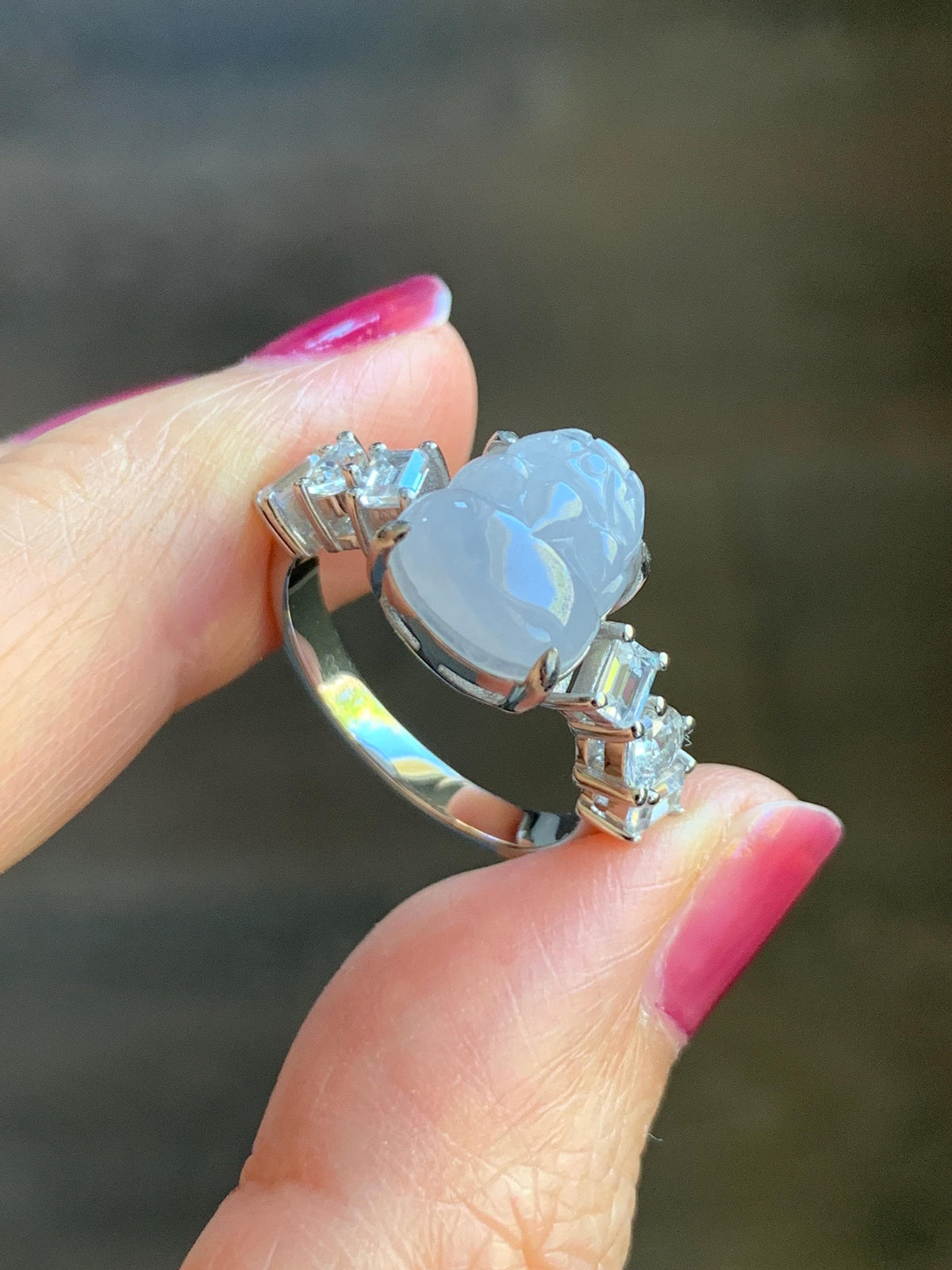 Certified Grade A Natural Icy Translucent Pale Purple Jade Jadeite Pixiu Ring Sterling Silver size 7.5 US 4.29g 天然冰胶浅紫底翡翠貔貅镶嵌戒指 1031