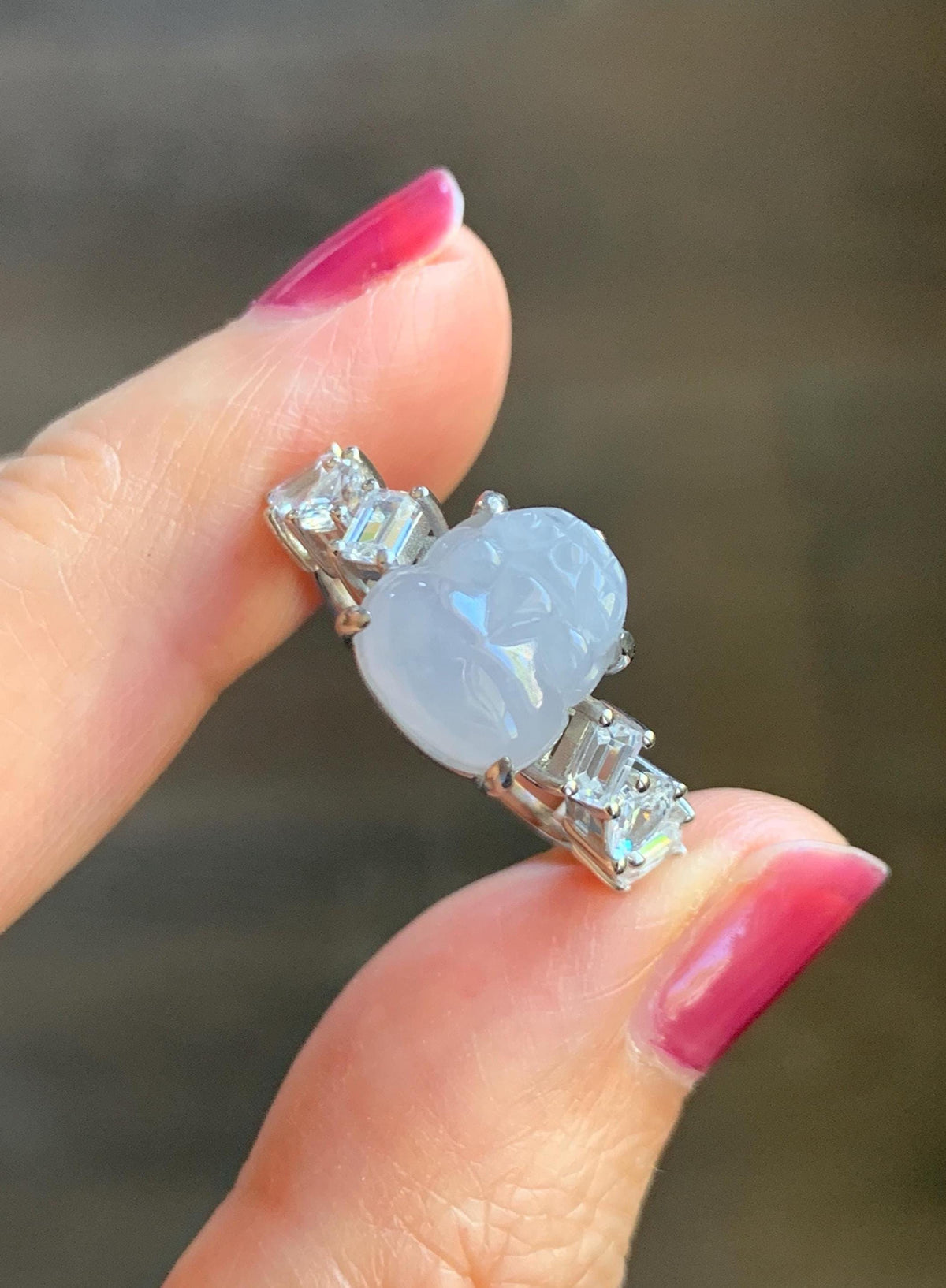 Certified Grade A Natural Icy Translucent Pale Purple Jade Jadeite Pixiu Ring Sterling Silver size 7.5 US 4.29g 天然冰胶浅紫底翡翠貔貅镶嵌戒指 1031