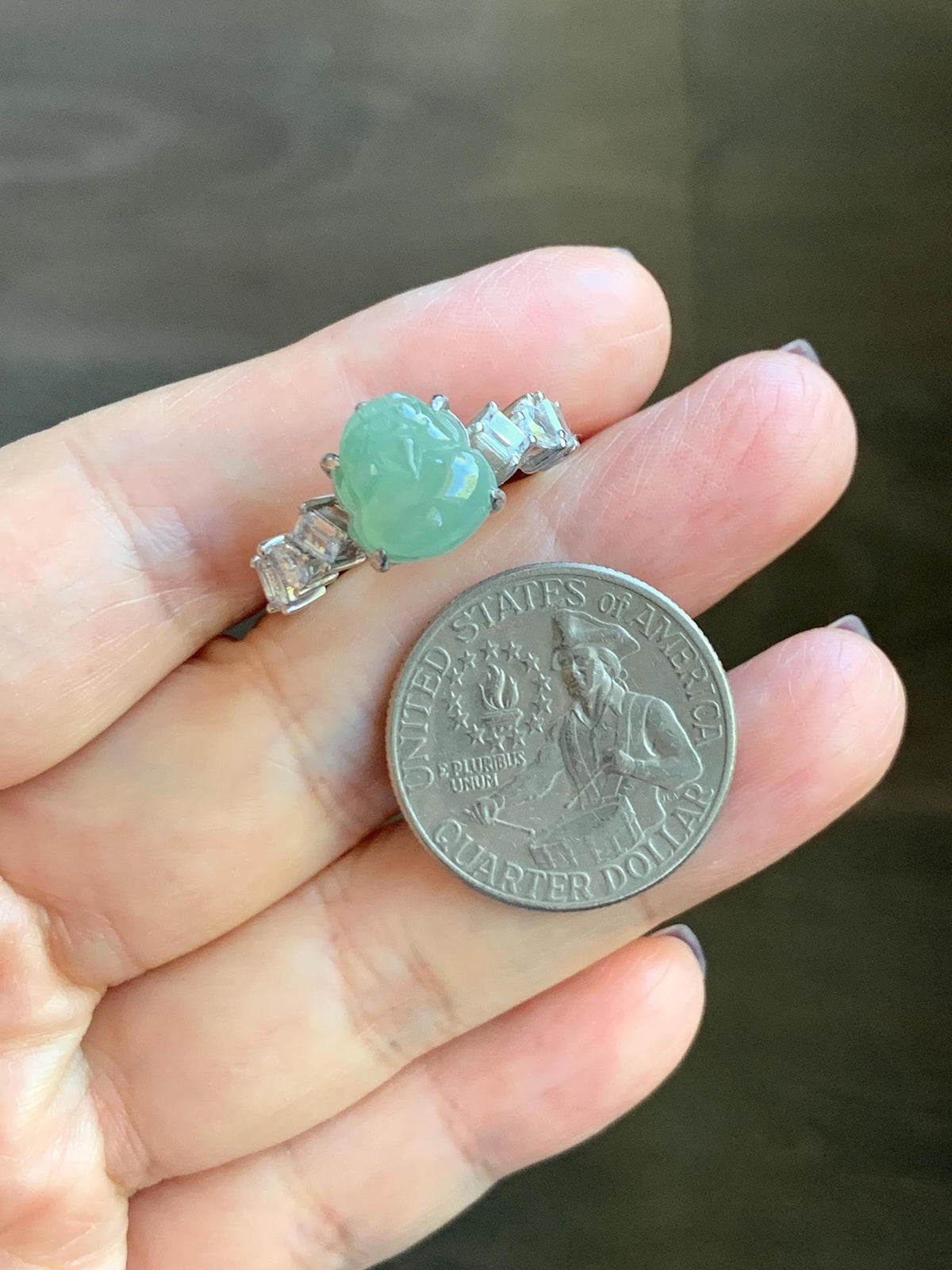 Certified Grade A Natural Icy Translucent Light Green Jade Jadeite Pixiu Ring Sterling Silver size 8 US 4.37g 天然冰胶晴色翡翠貔貅镶嵌戒指 1036