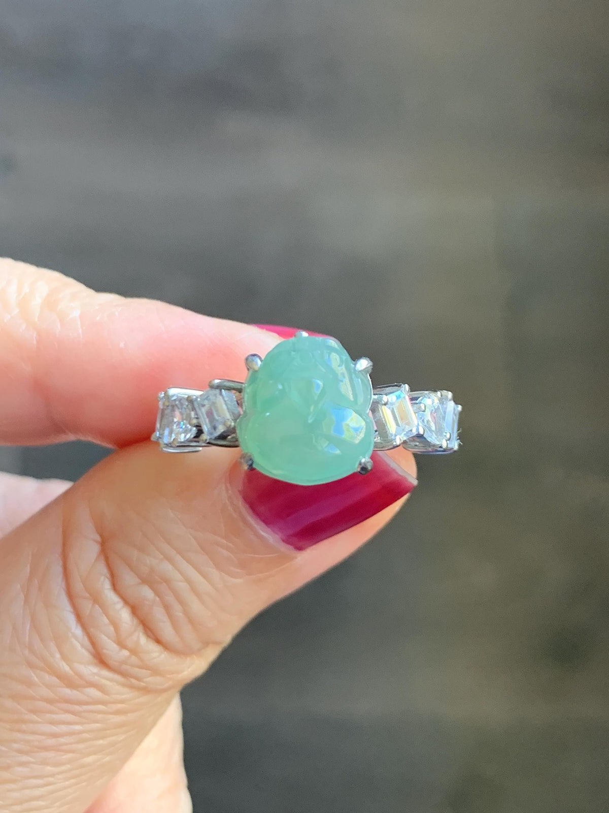 Certified Grade A Natural Icy Translucent Light Green Jade Jadeite Pixiu Ring Sterling Silver size 8 US 4.37g 天然冰胶晴色翡翠貔貅镶嵌戒指 1036