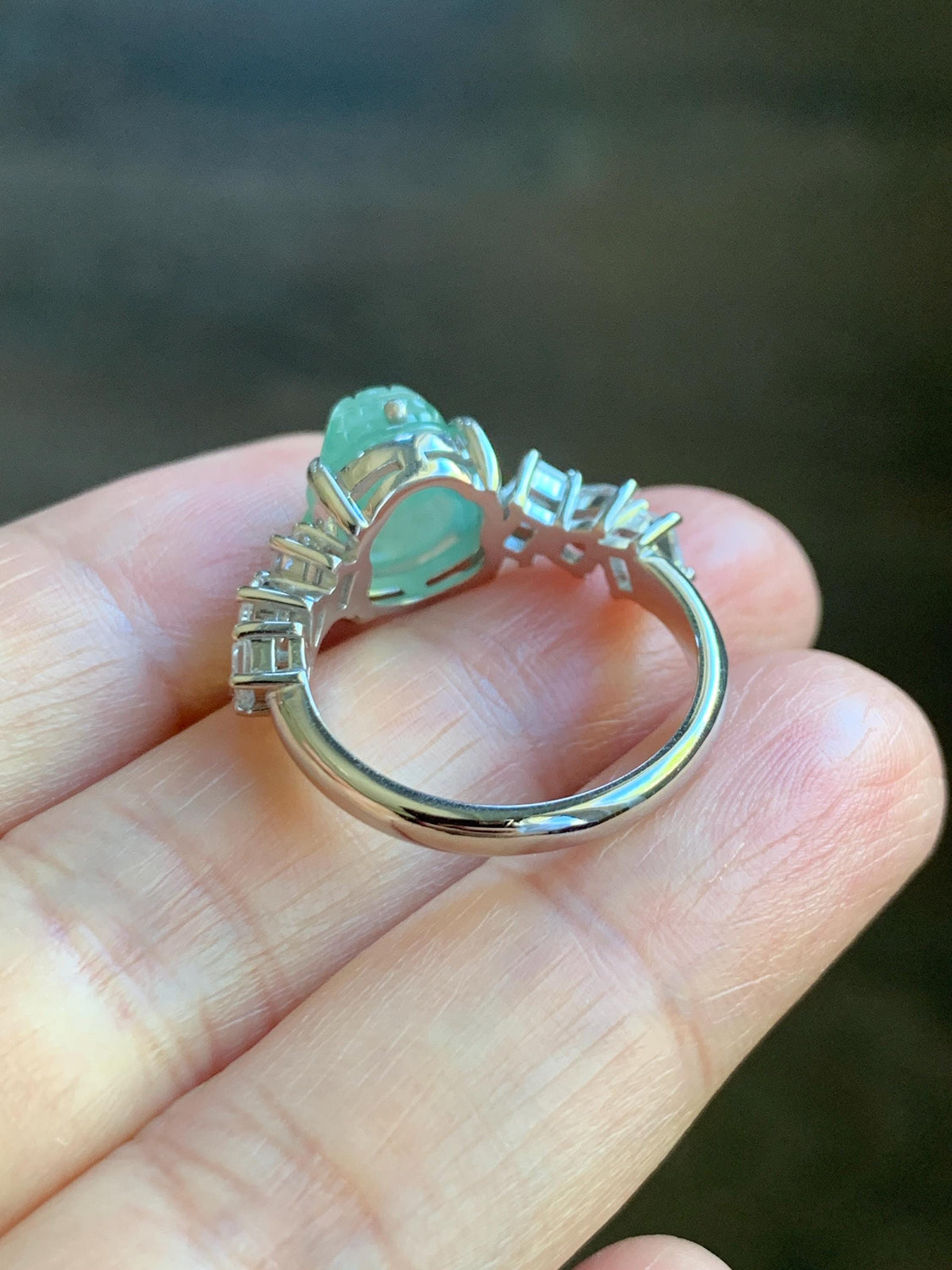 Certified Grade A Natural Icy Translucent Light Green Jade Jadeite Pixiu Ring Sterling Silver size 8 US 4.37g 天然冰胶晴色翡翠貔貅镶嵌戒指 1036