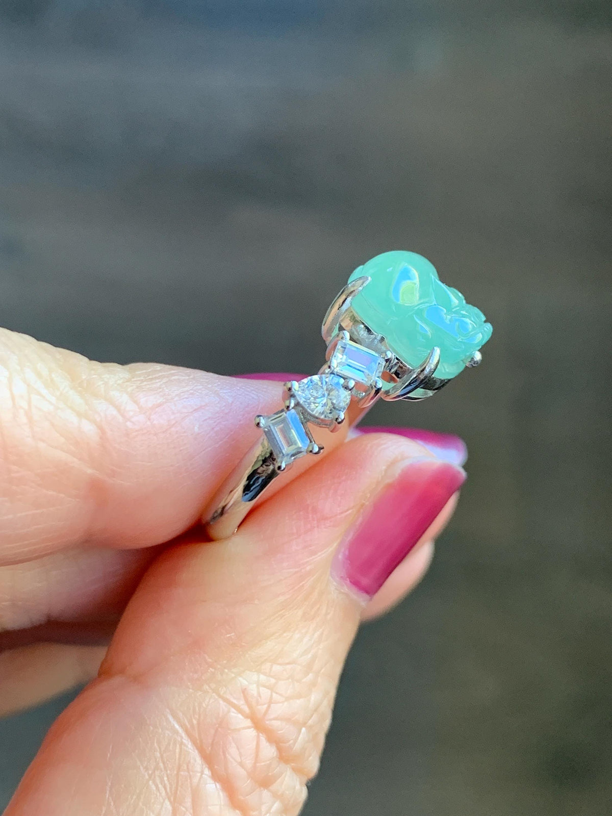 Certified Grade A Natural Icy Translucent Light Green Jade Jadeite Pixiu Ring Sterling Silver size 8 US 4.37g 天然冰胶晴色翡翠貔貅镶嵌戒指 1036