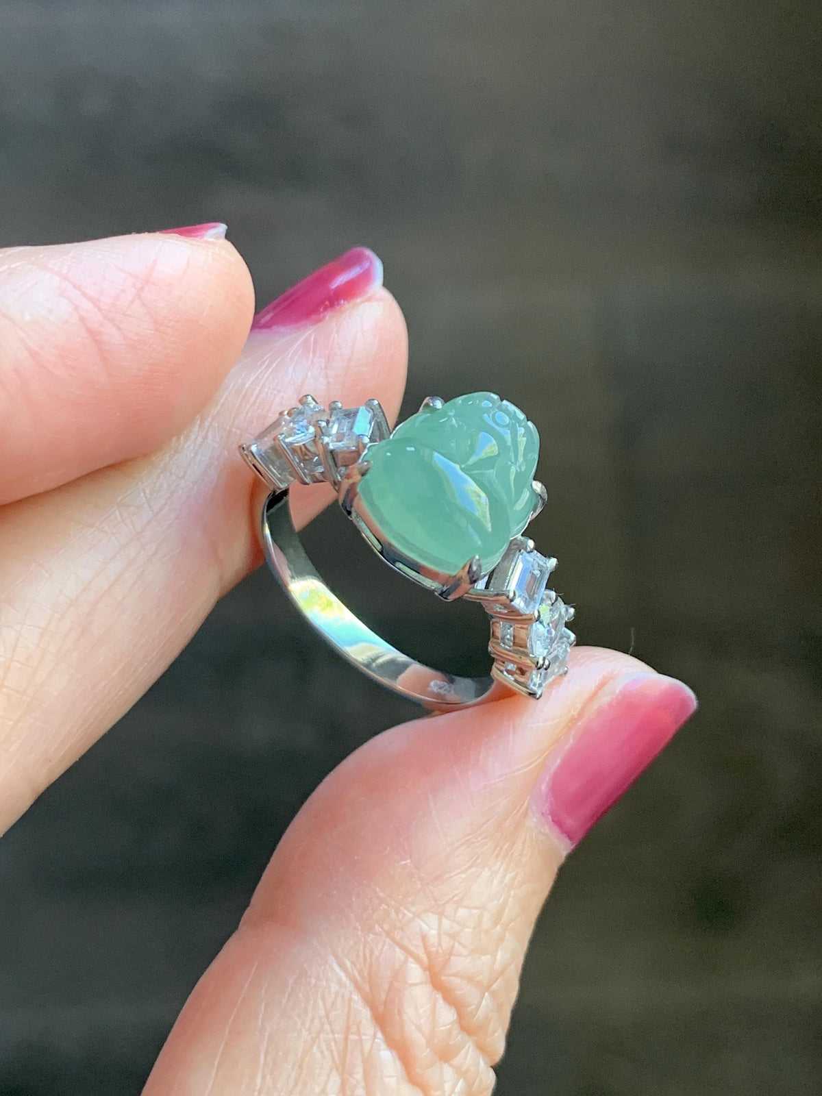 Certified Grade A Natural Icy Translucent Light Green Jade Jadeite Pixiu Ring Sterling Silver size 8 US 4.37g 天然冰胶晴色翡翠貔貅镶嵌戒指 1036